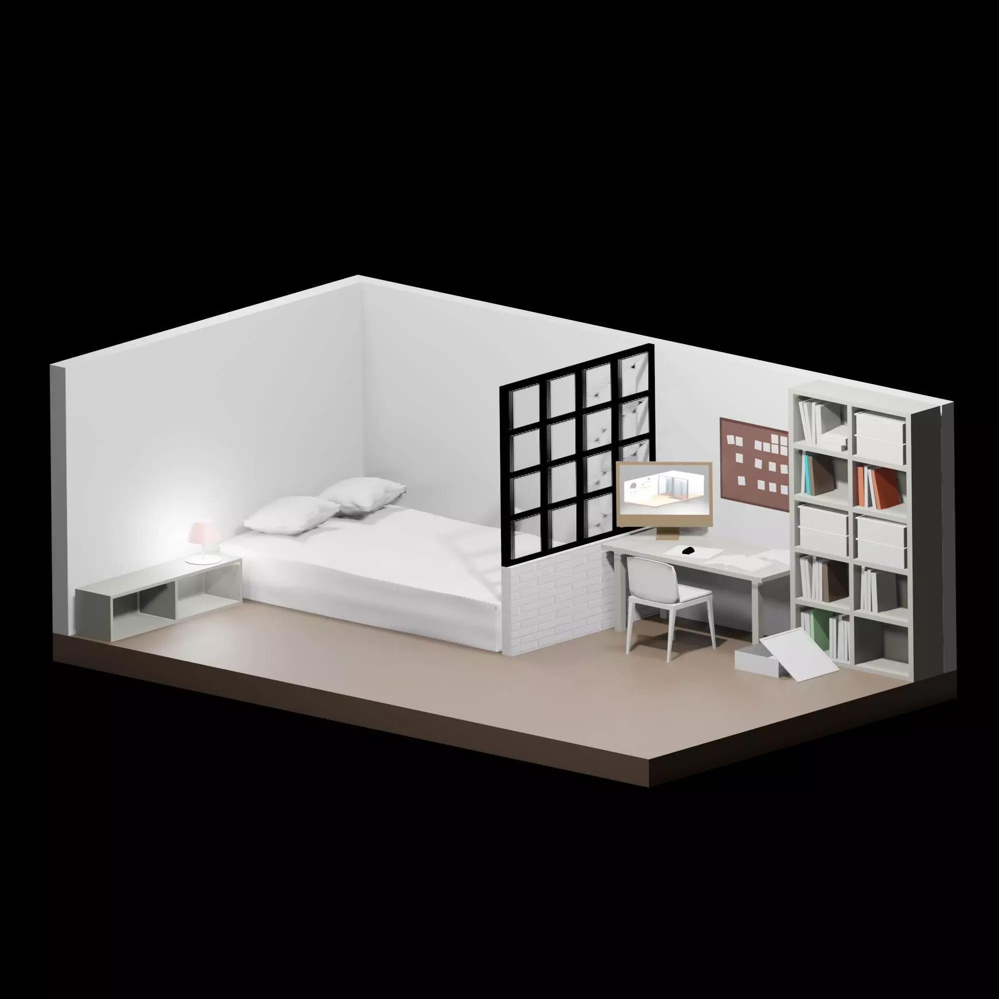 bedroom room with bed and desk Low-poly 3D model_0