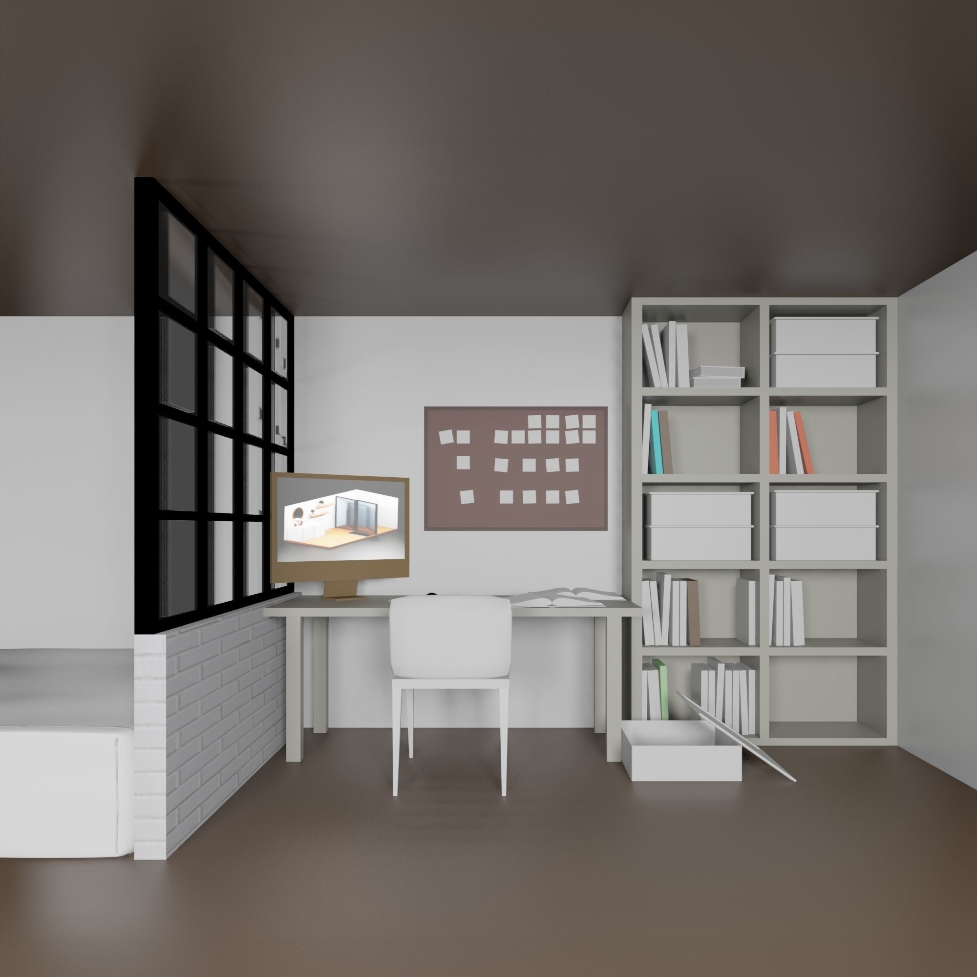 bedroom room with bed and desk Low-poly 3D model_1