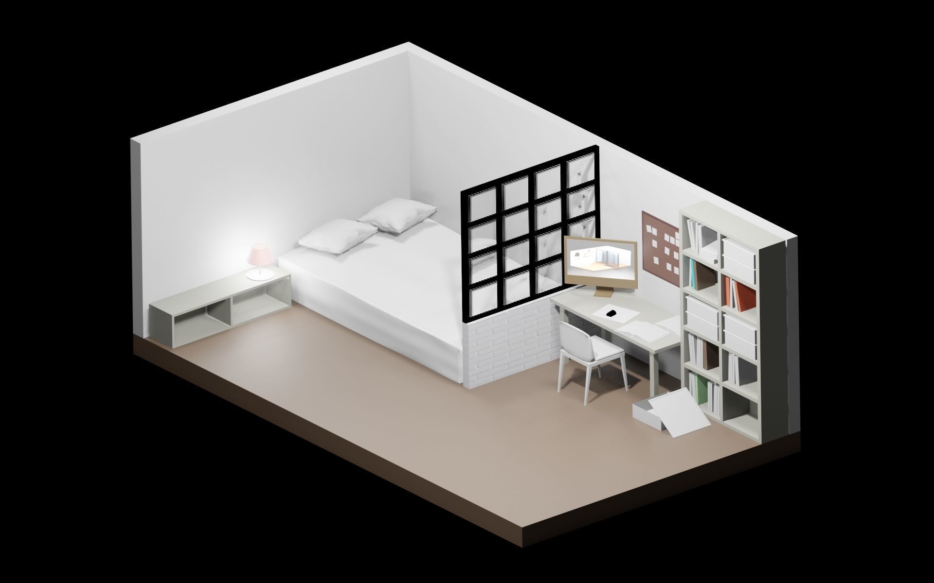 bedroom room with bed and desk Low-poly 3D model_2