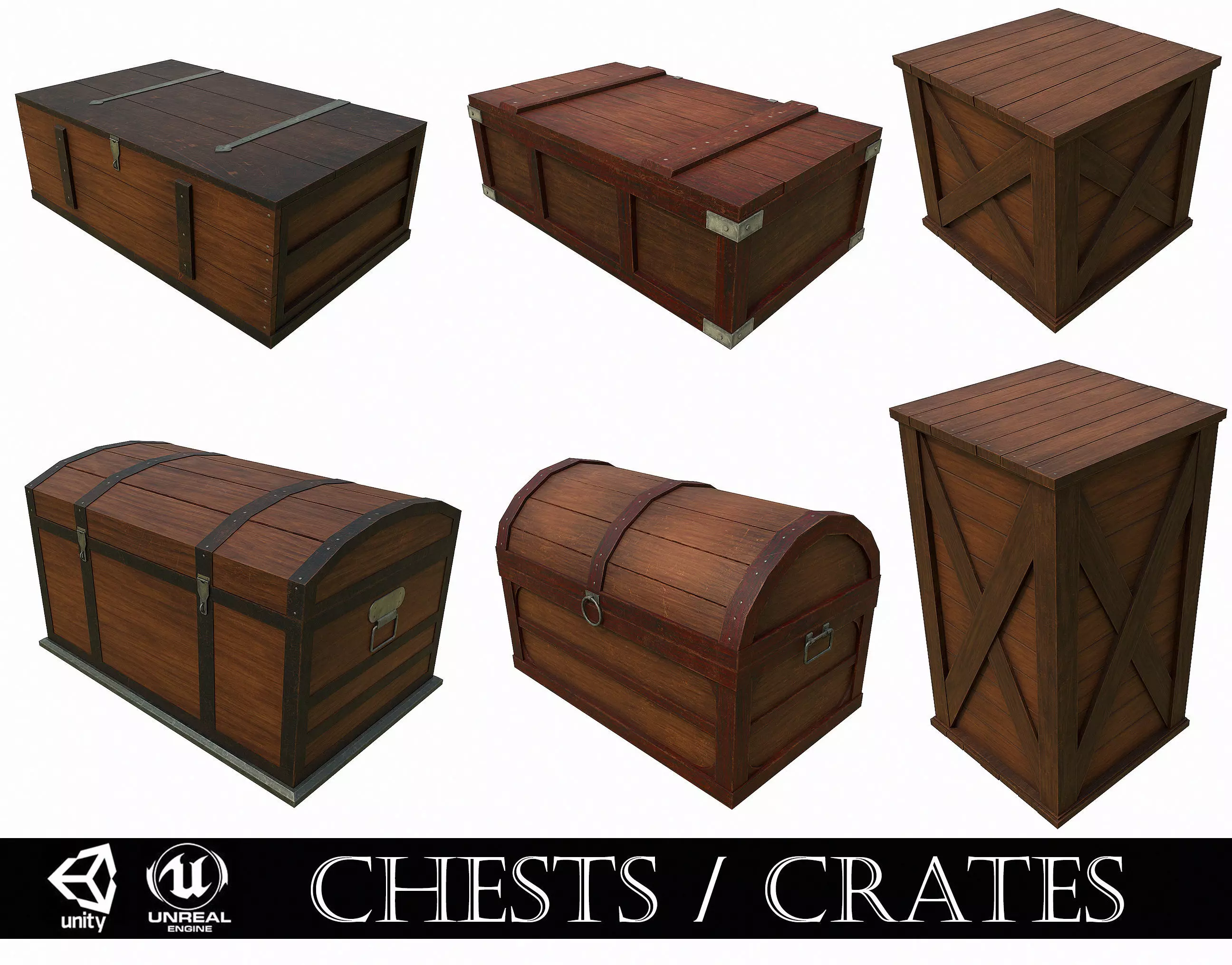 Pack of 6 Medieval Wooden Chests and Crates Low-poly 3D model_0