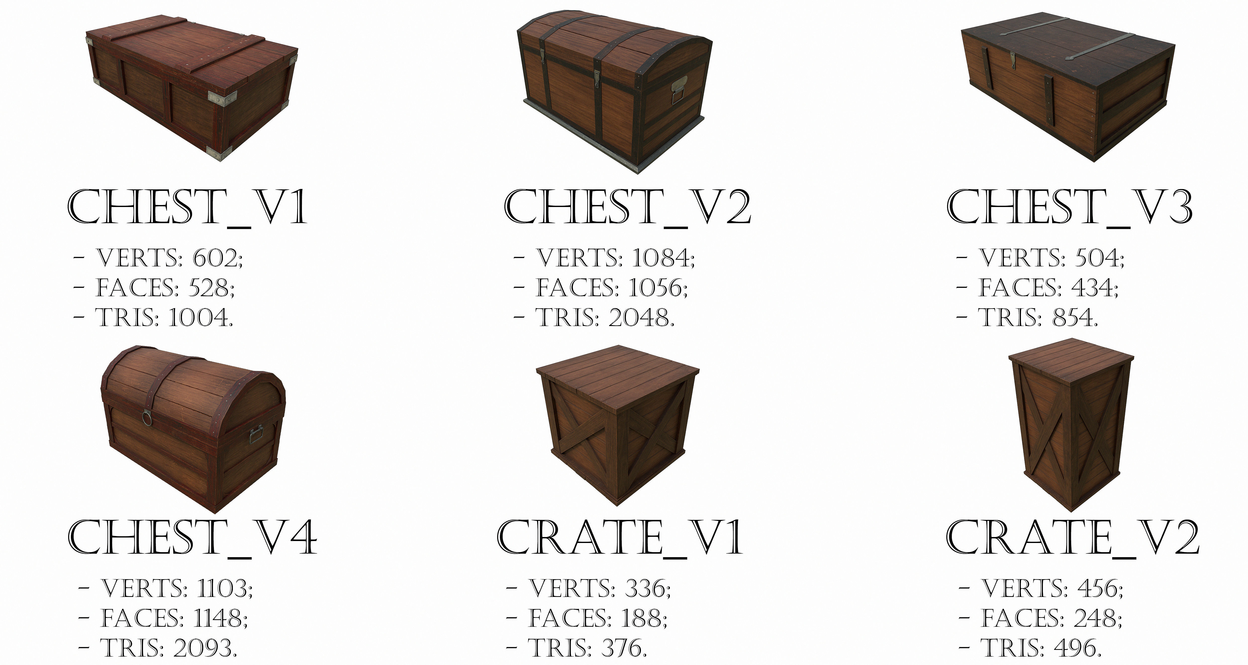Pack of 6 Medieval Wooden Chests and Crates Low-poly 3D model_2