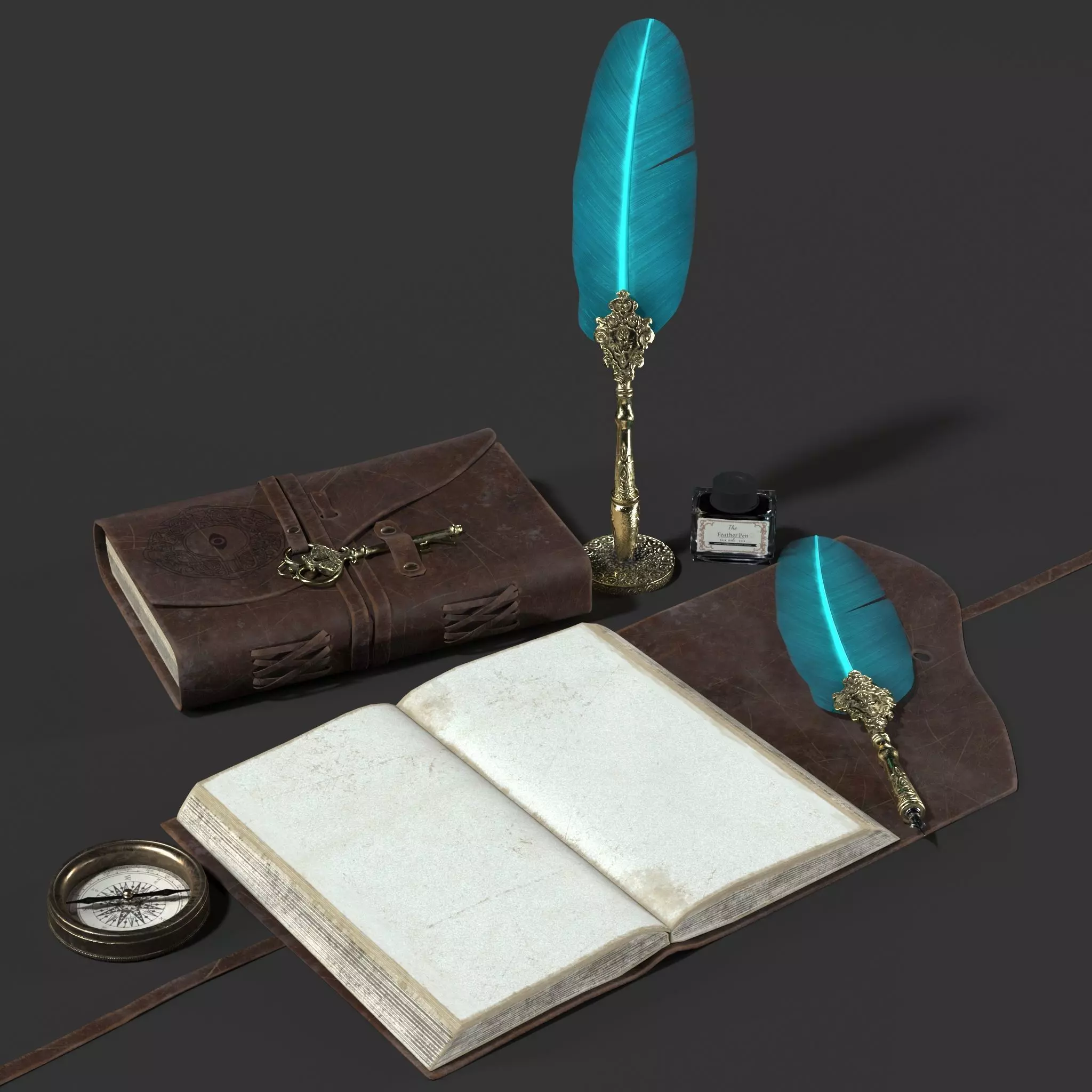 Antique Pen and Ink with Diary Low-poly 3D model_0