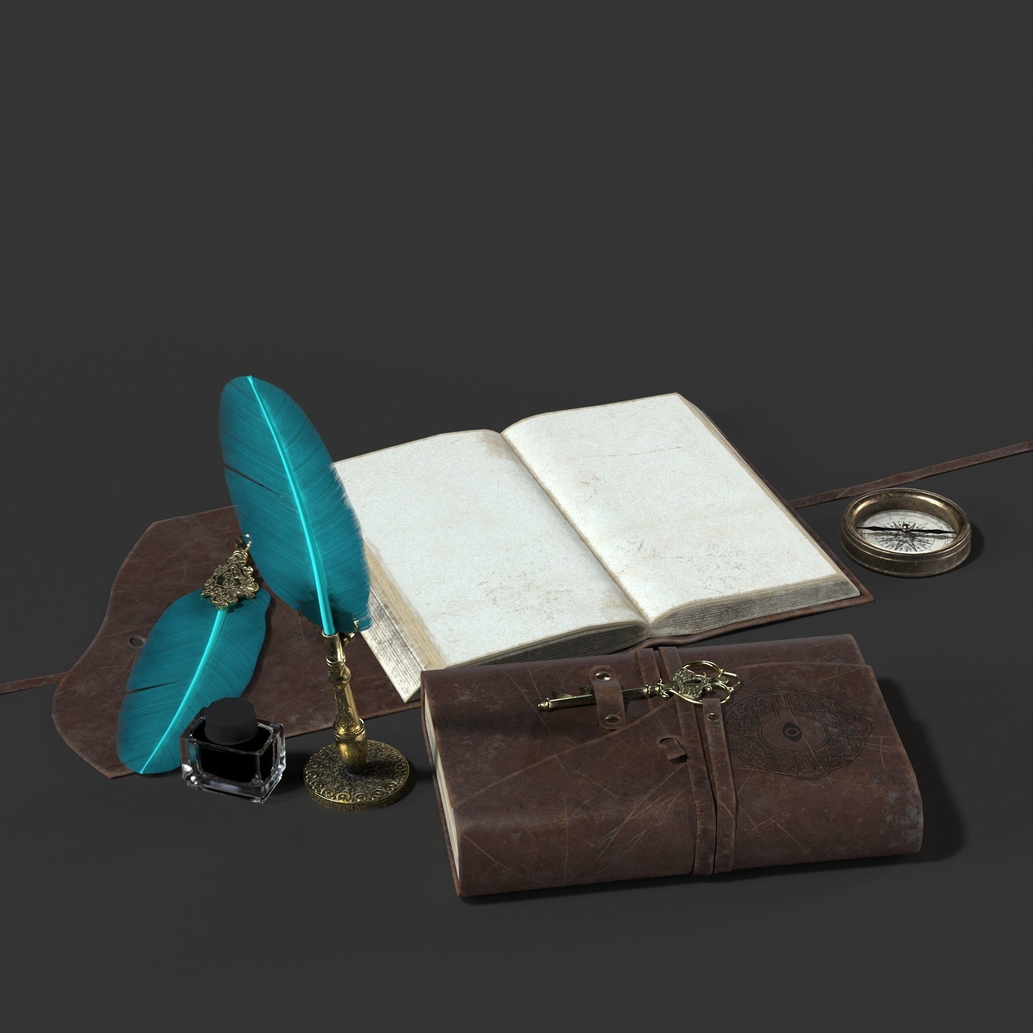 Antique Pen and Ink with Diary Low-poly 3D model_2