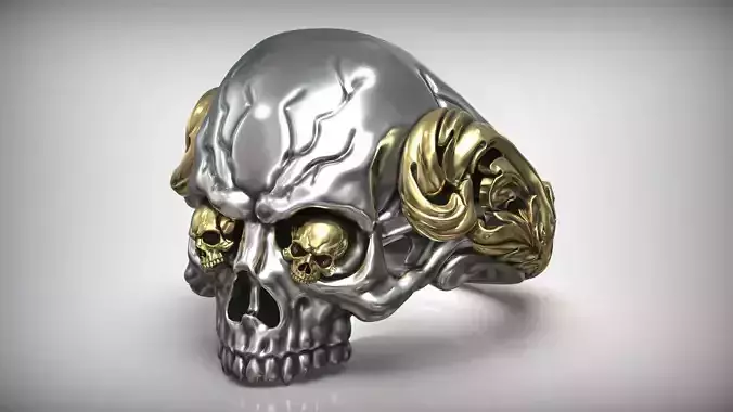 Skull Silver Ring Inlay Gold Eyes