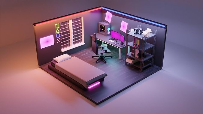  3d isometric gaming room design Low-poly 3D model