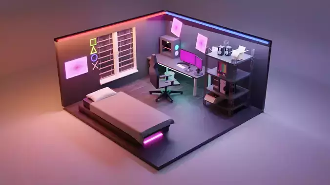  3d isometric gaming room design Low-poly 3D model