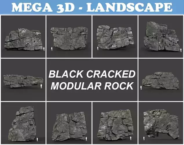 Low poly Black Cracked Modular Rock 220106 Low-poly 3D model