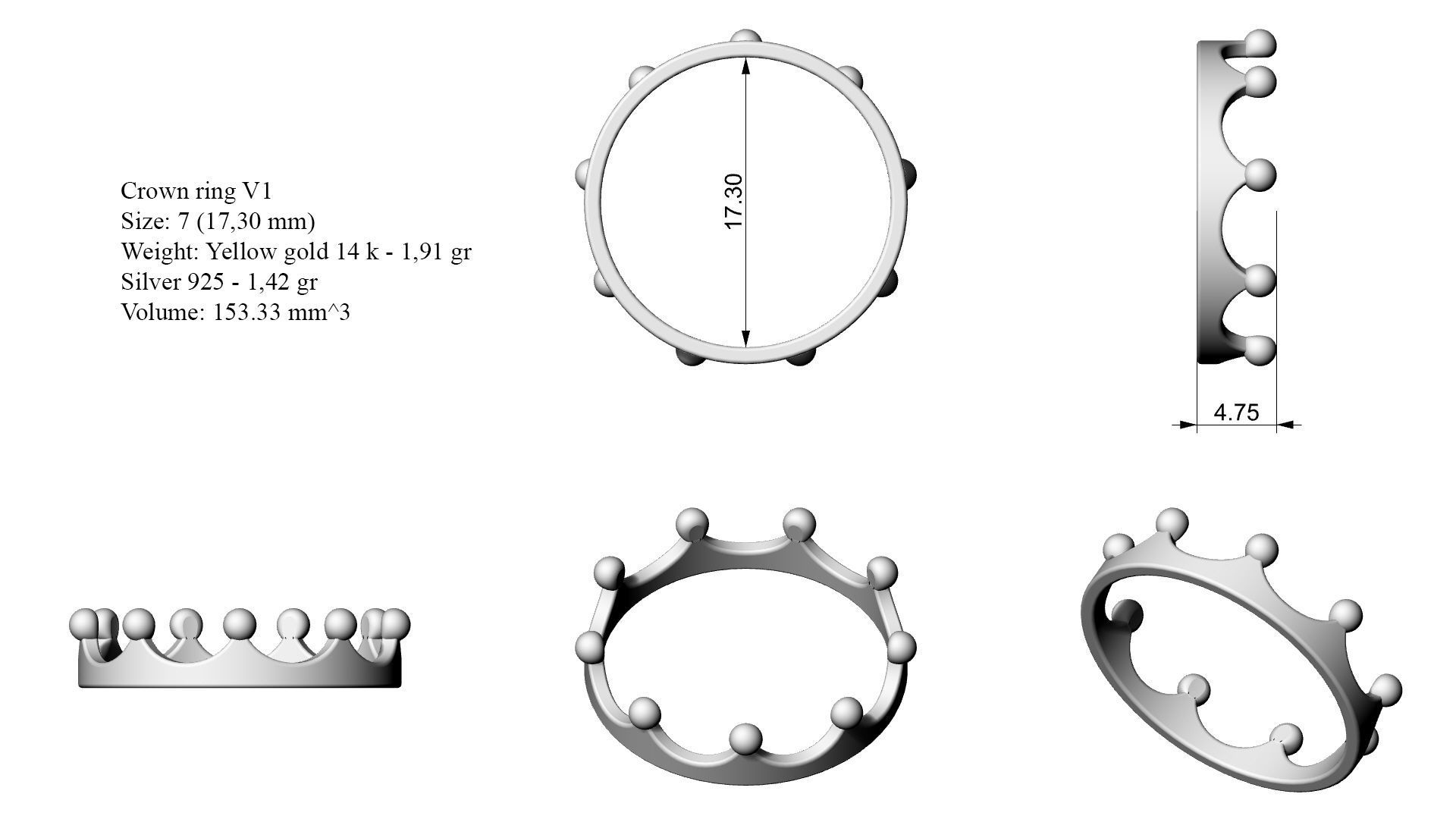 Crown ring V1 3D print model_6
