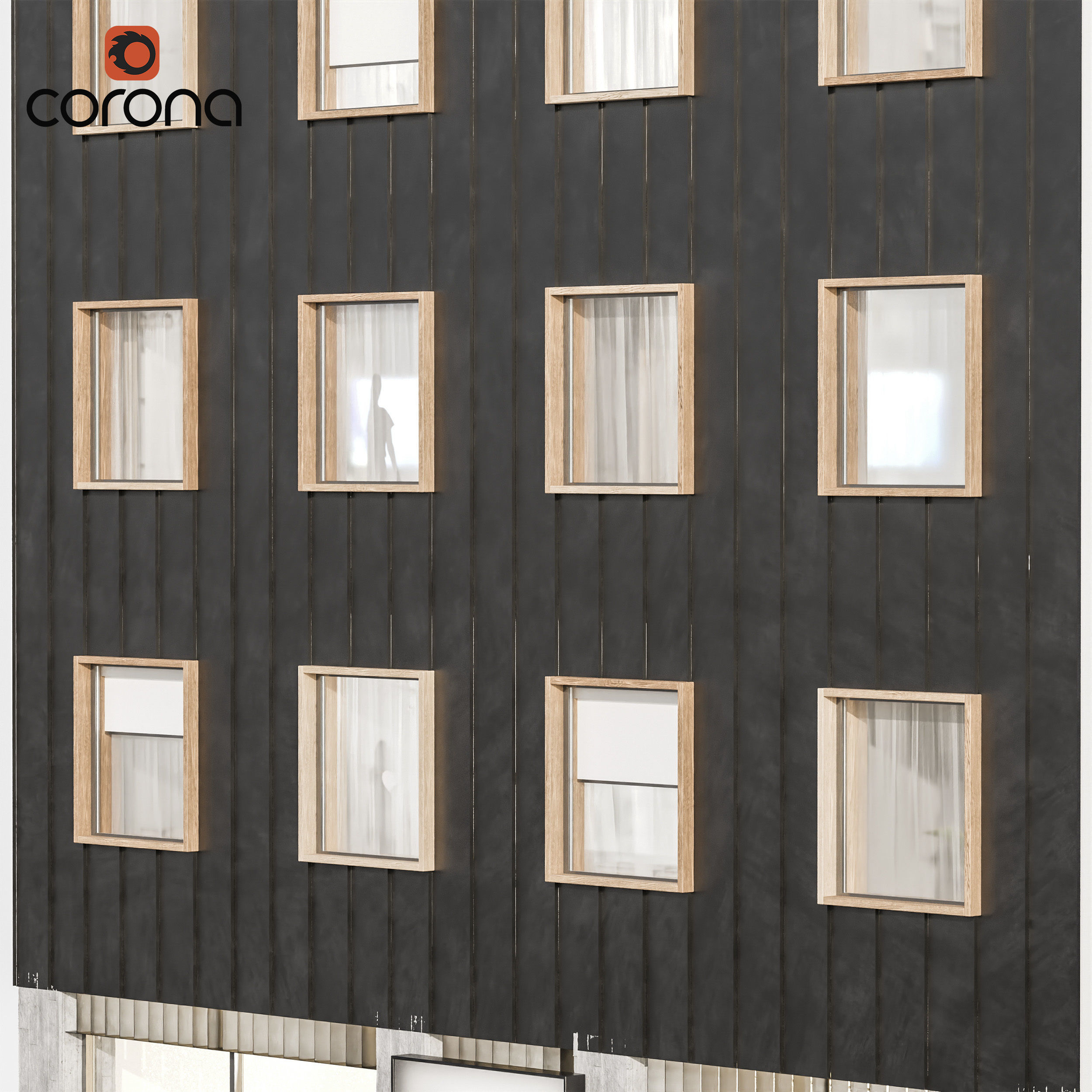 Modern residential facade 02 at night with simple interiors 3D model_3