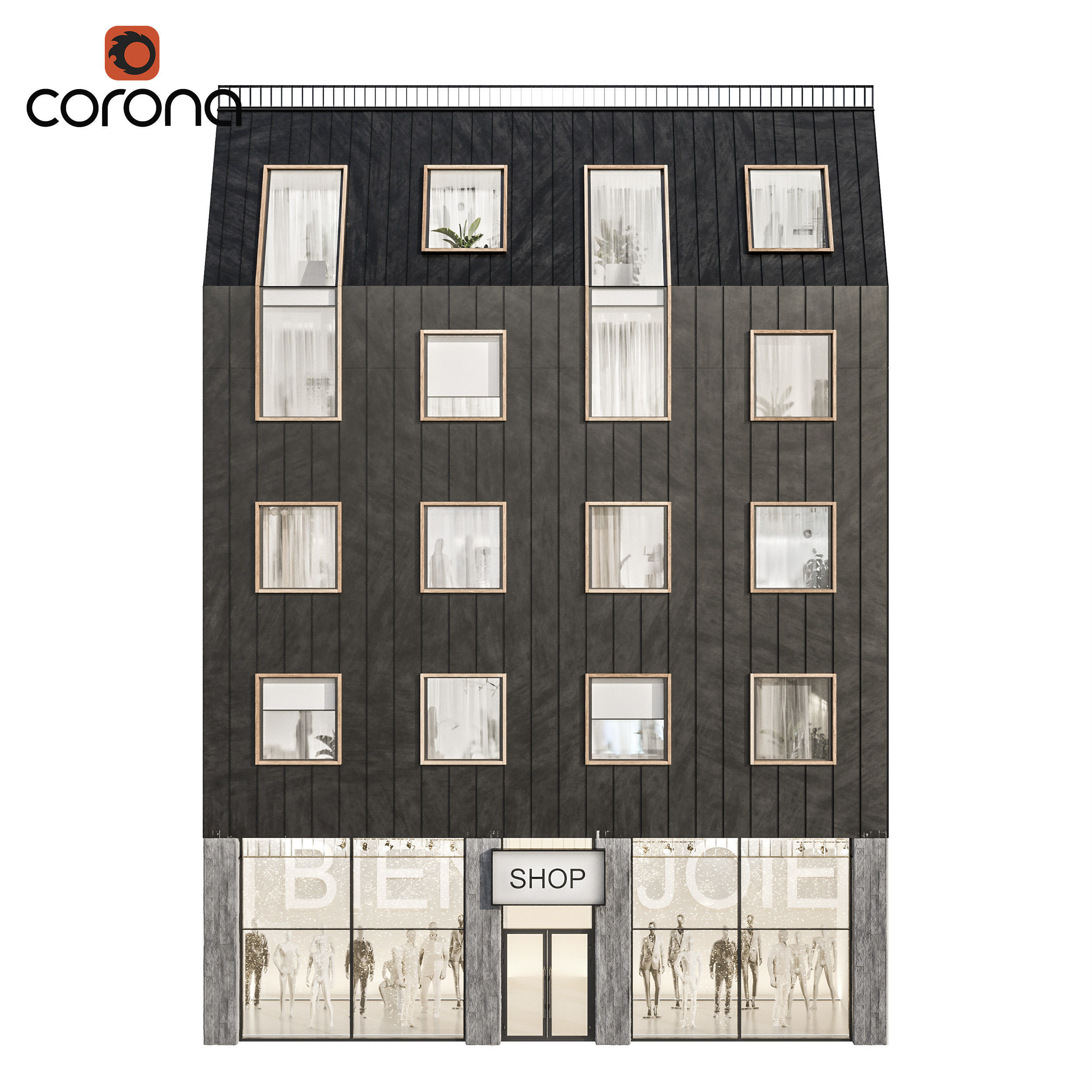 Modern residential facade 02 at night with simple interiors 3D model_1
