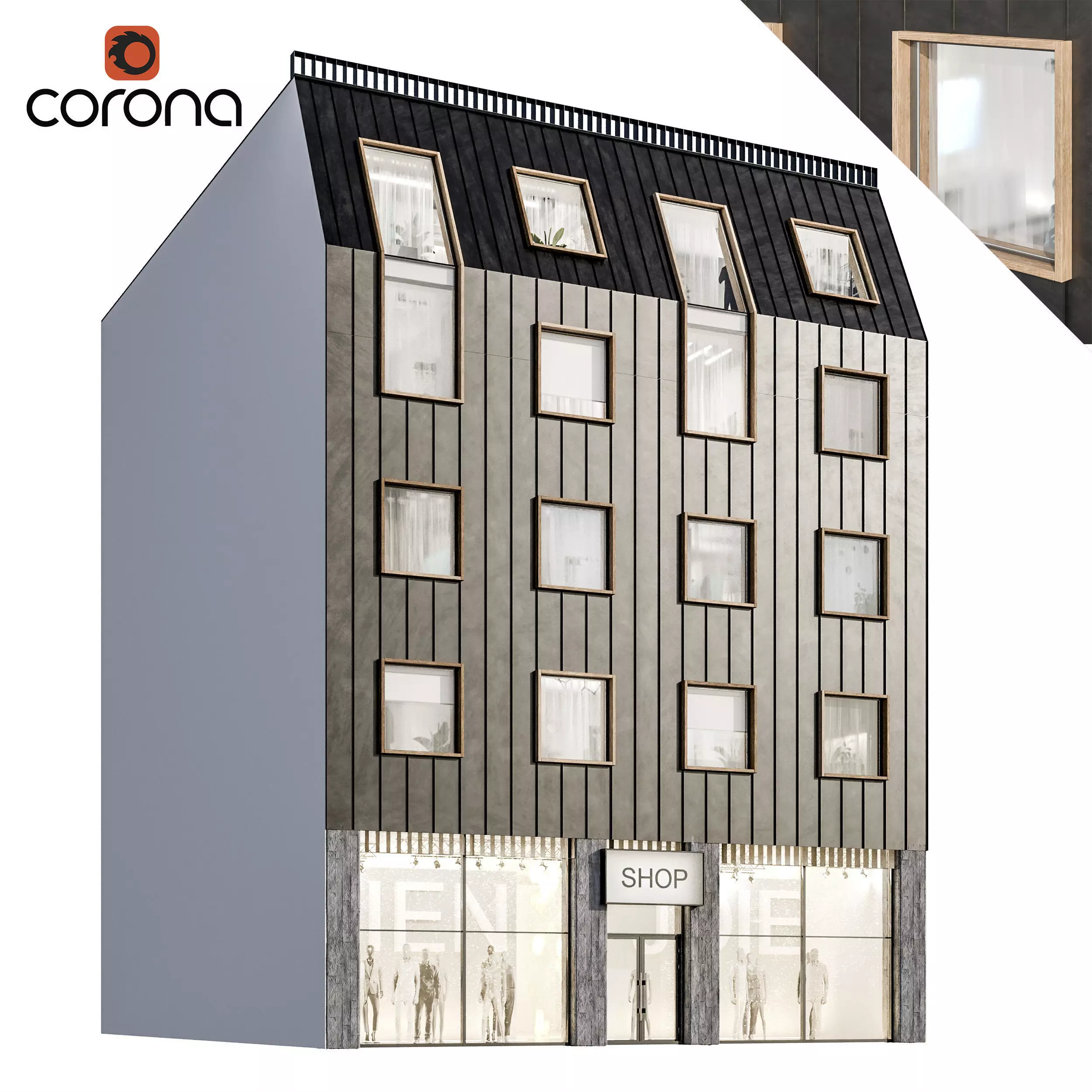Modern residential facade 02 at night with simple interiors 3D model_0