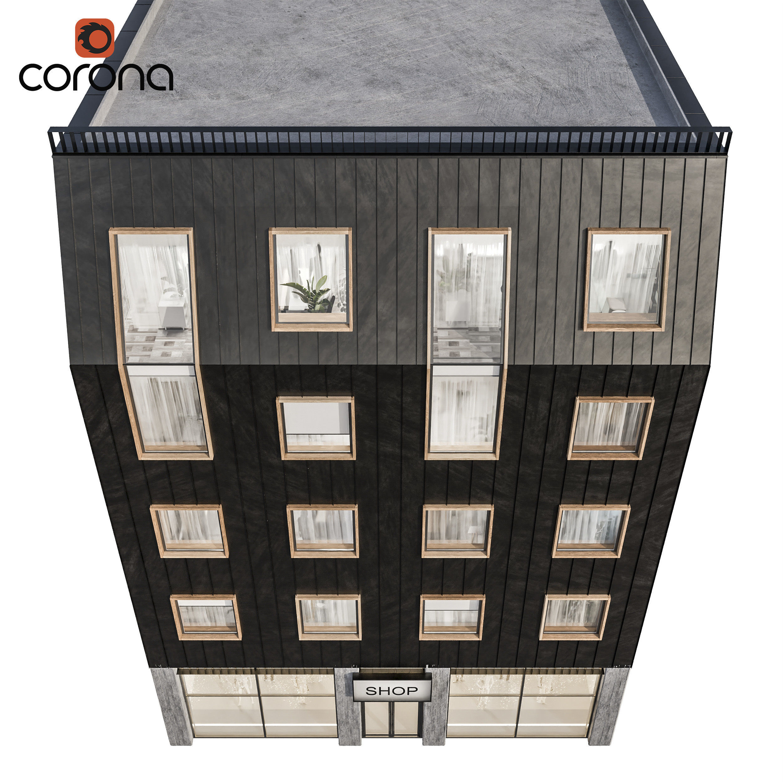 Modern residential facade 02 at night with simple interiors 3D model_2