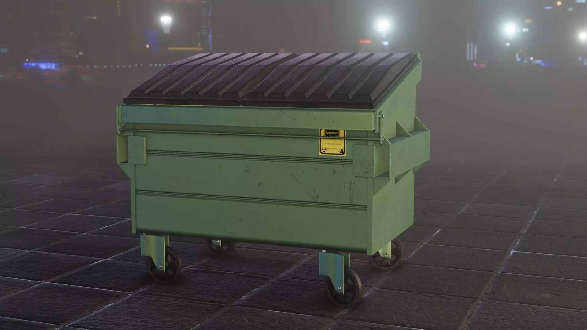 High Poly Dumpster trash can on street at night Free 3D model