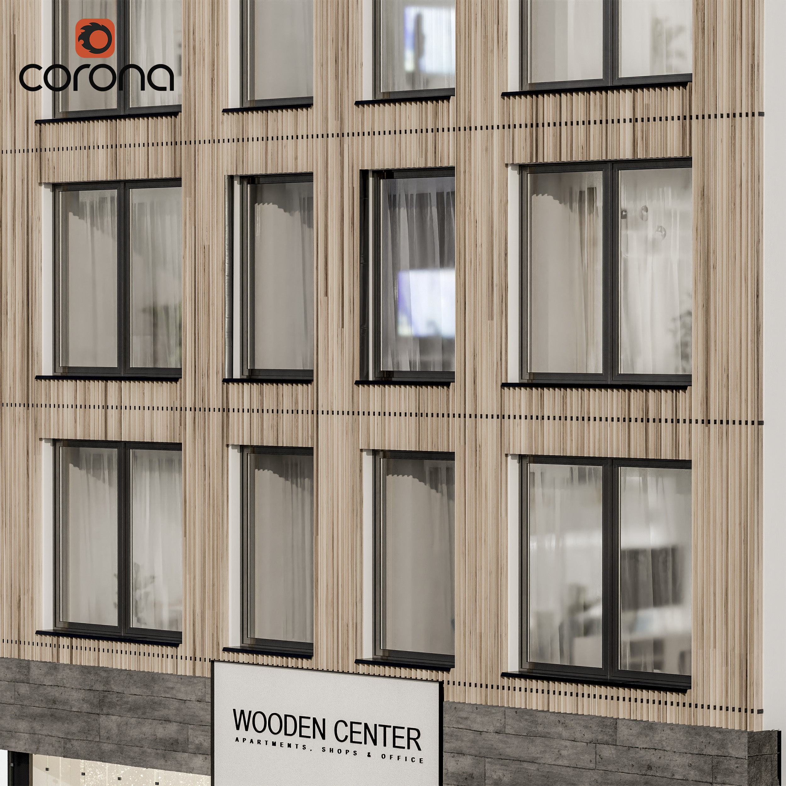 Modern residential facade 03 at night with simple interiors 3D model_3