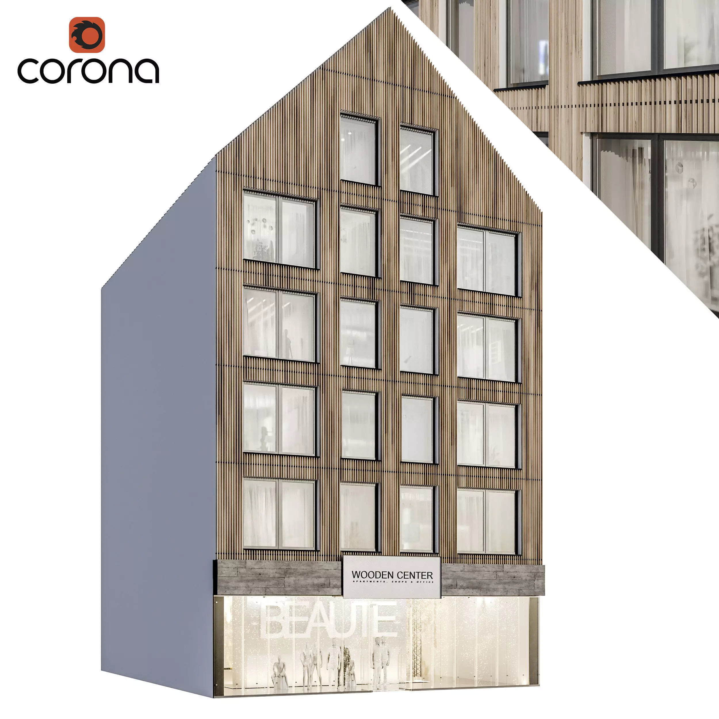 Modern residential facade 03 at night with simple interiors 3D model_0