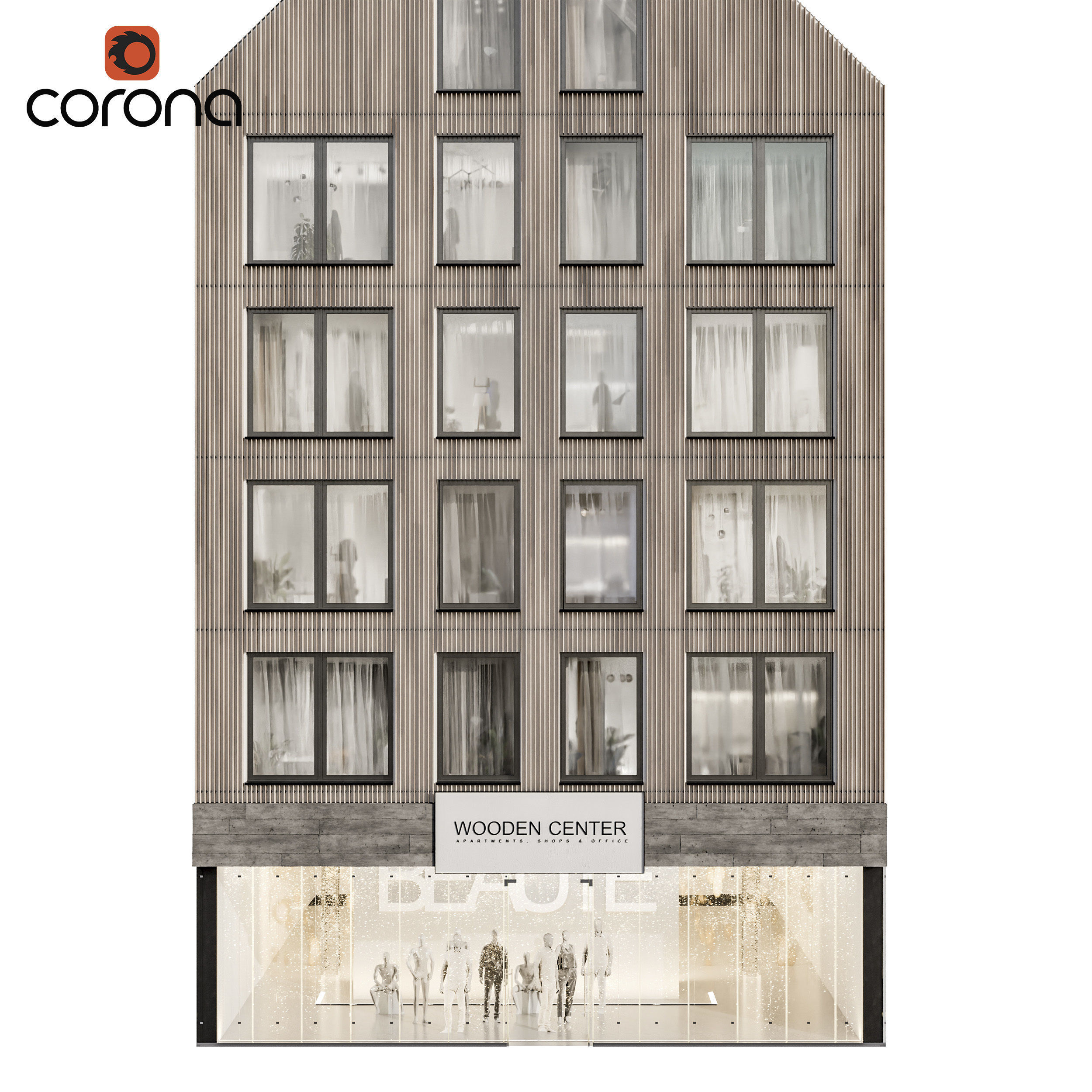 Modern residential facade 03 at night with simple interiors 3D model_1