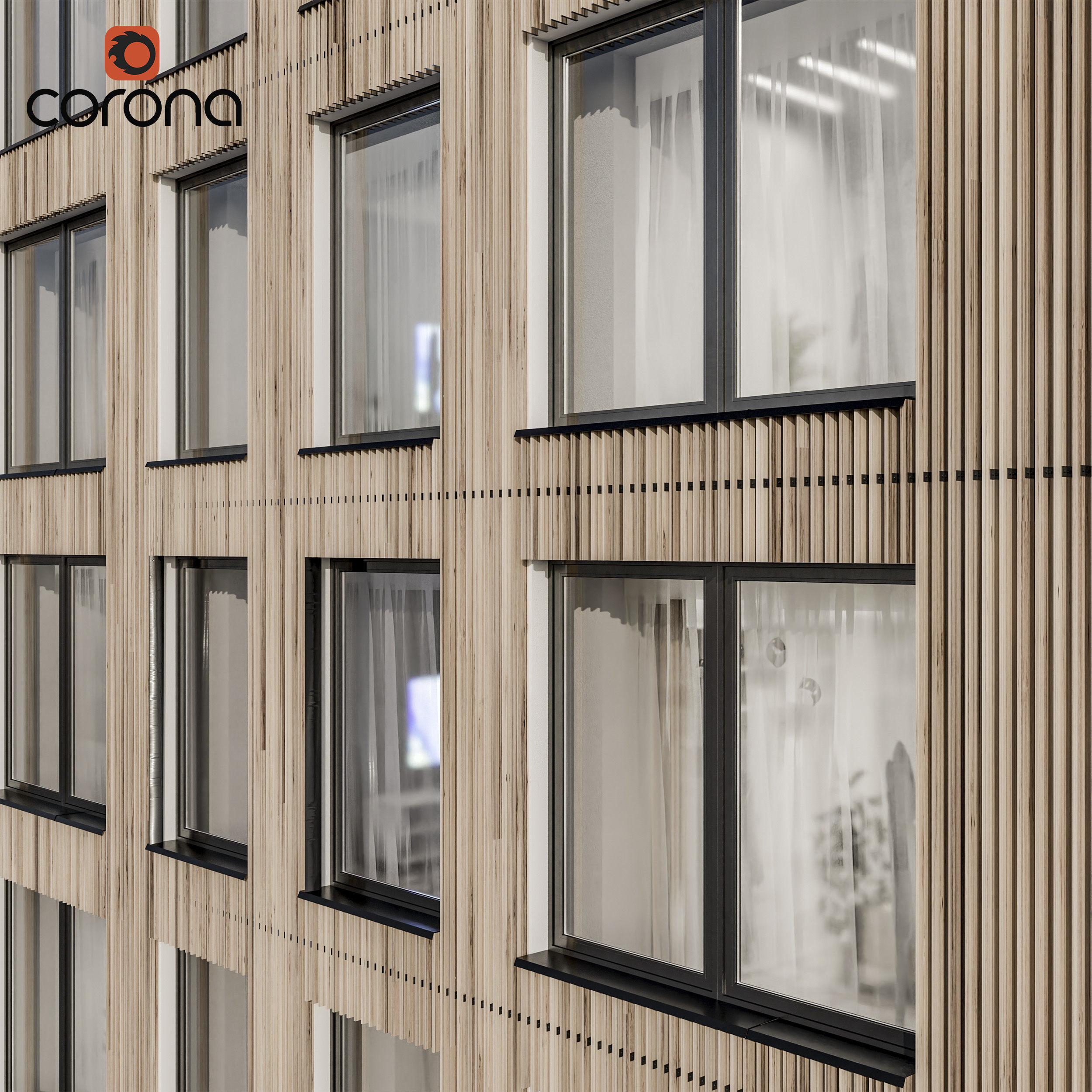 Modern residential facade 03 at night with simple interiors 3D model_4