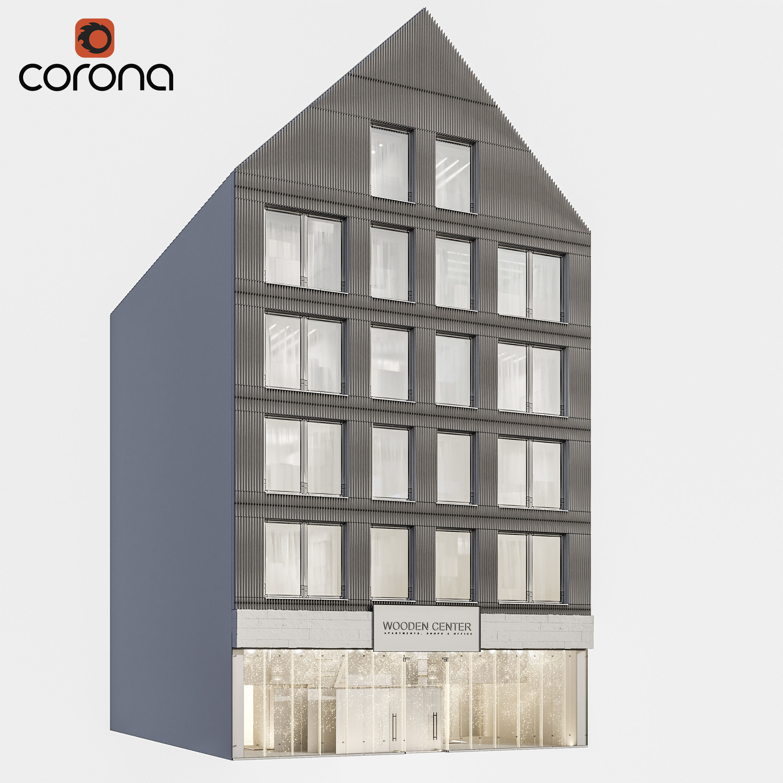 Modern residential facade 03 at night with simple interiors 3D model_5