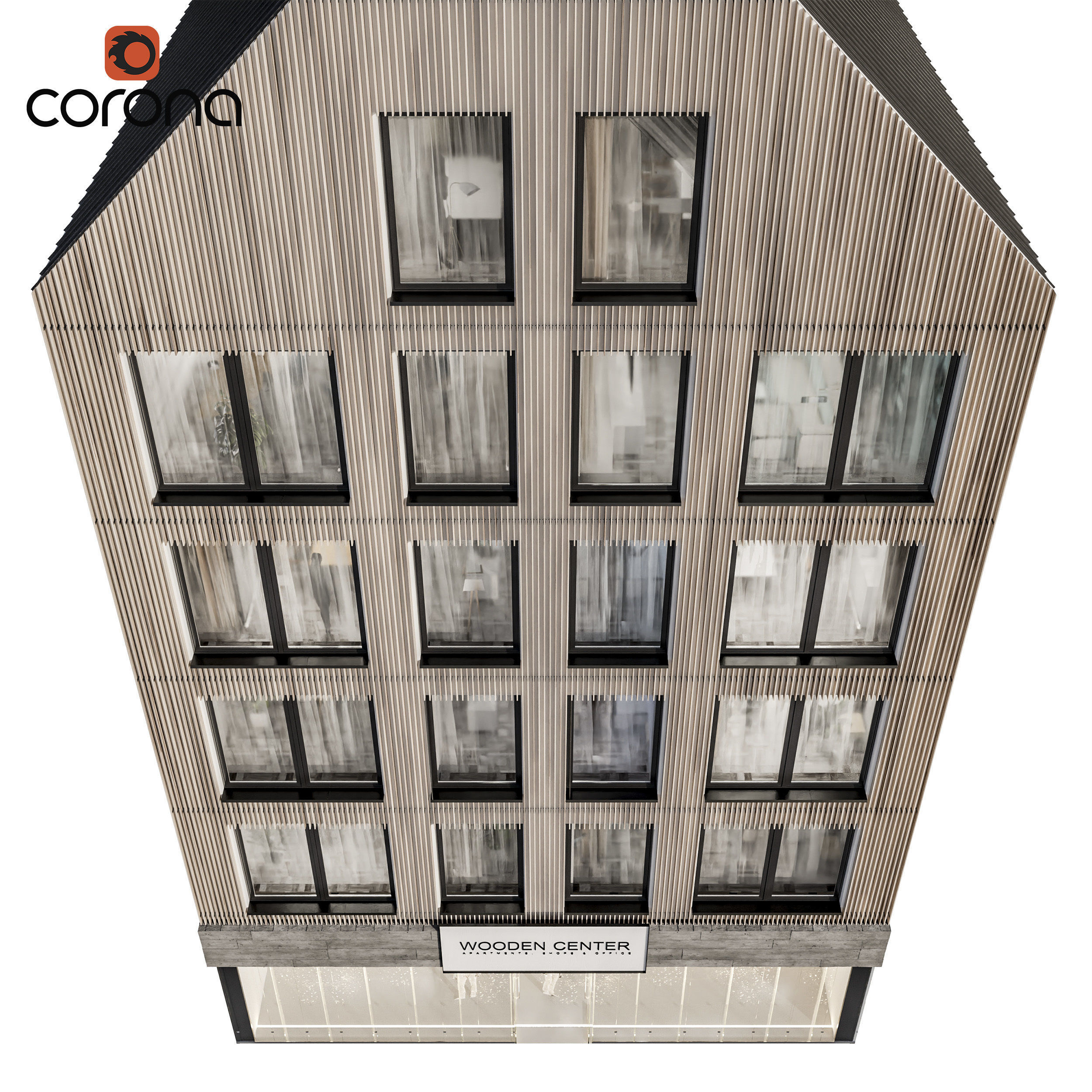 Modern residential facade 03 at night with simple interiors 3D model_2