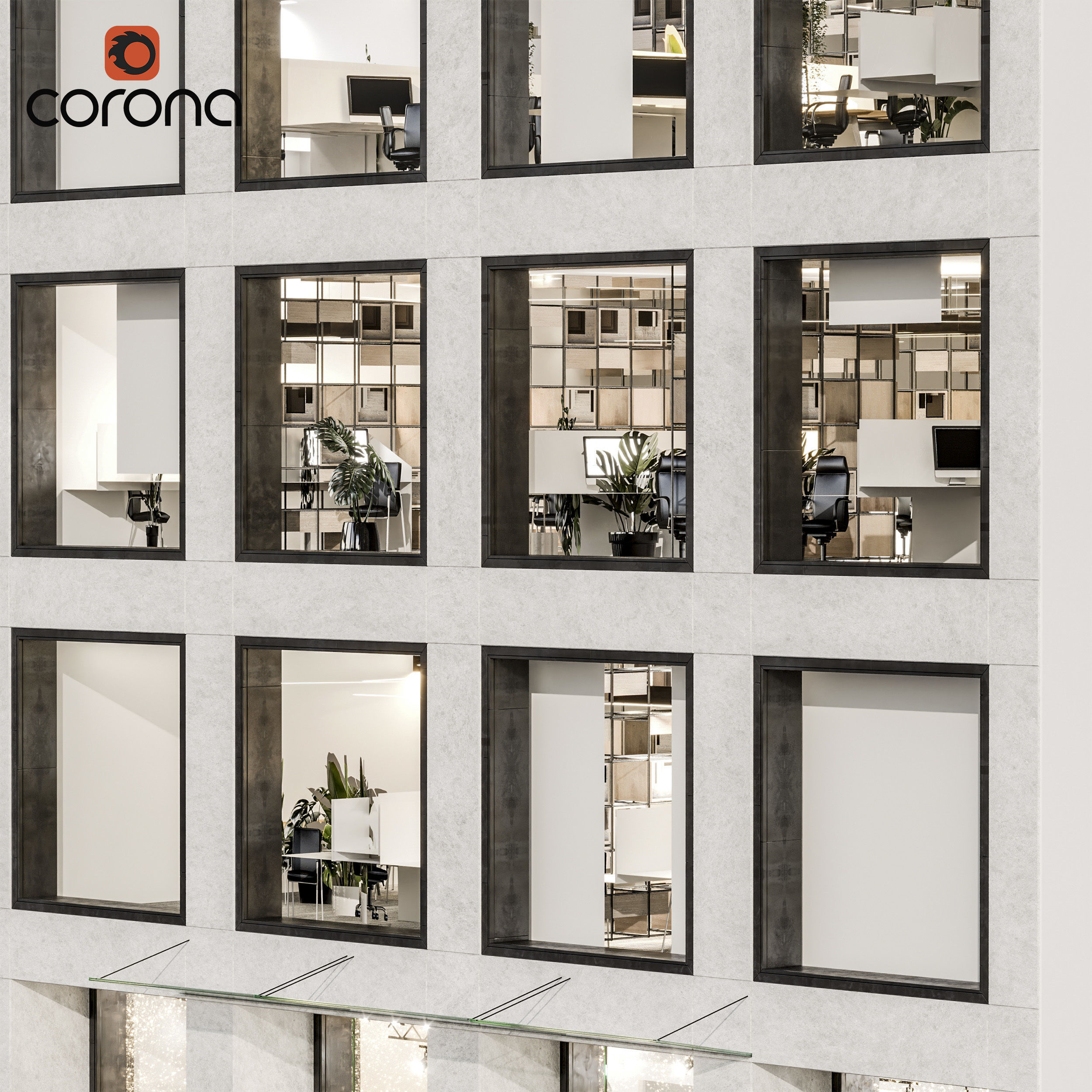 Modern office facade 01 at night with simple interiors 3D model_3