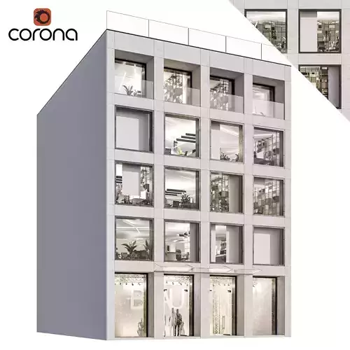 Modern office facade 01 at night with simple interiors 3D model