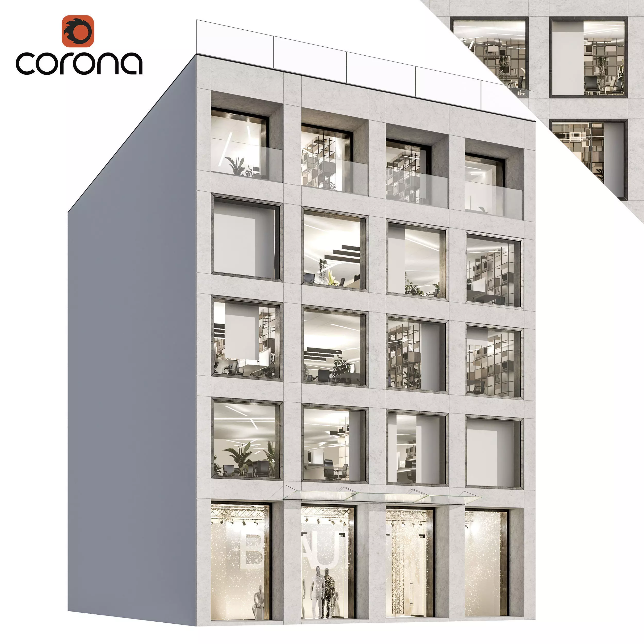 Modern office facade 01 at night with simple interiors 3D model_0