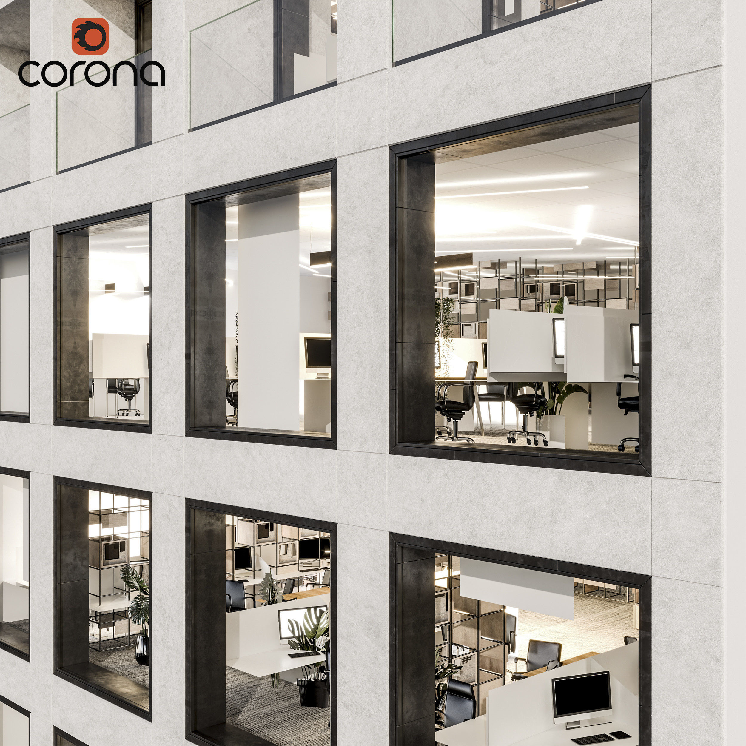 Modern office facade 01 at night with simple interiors 3D model_4