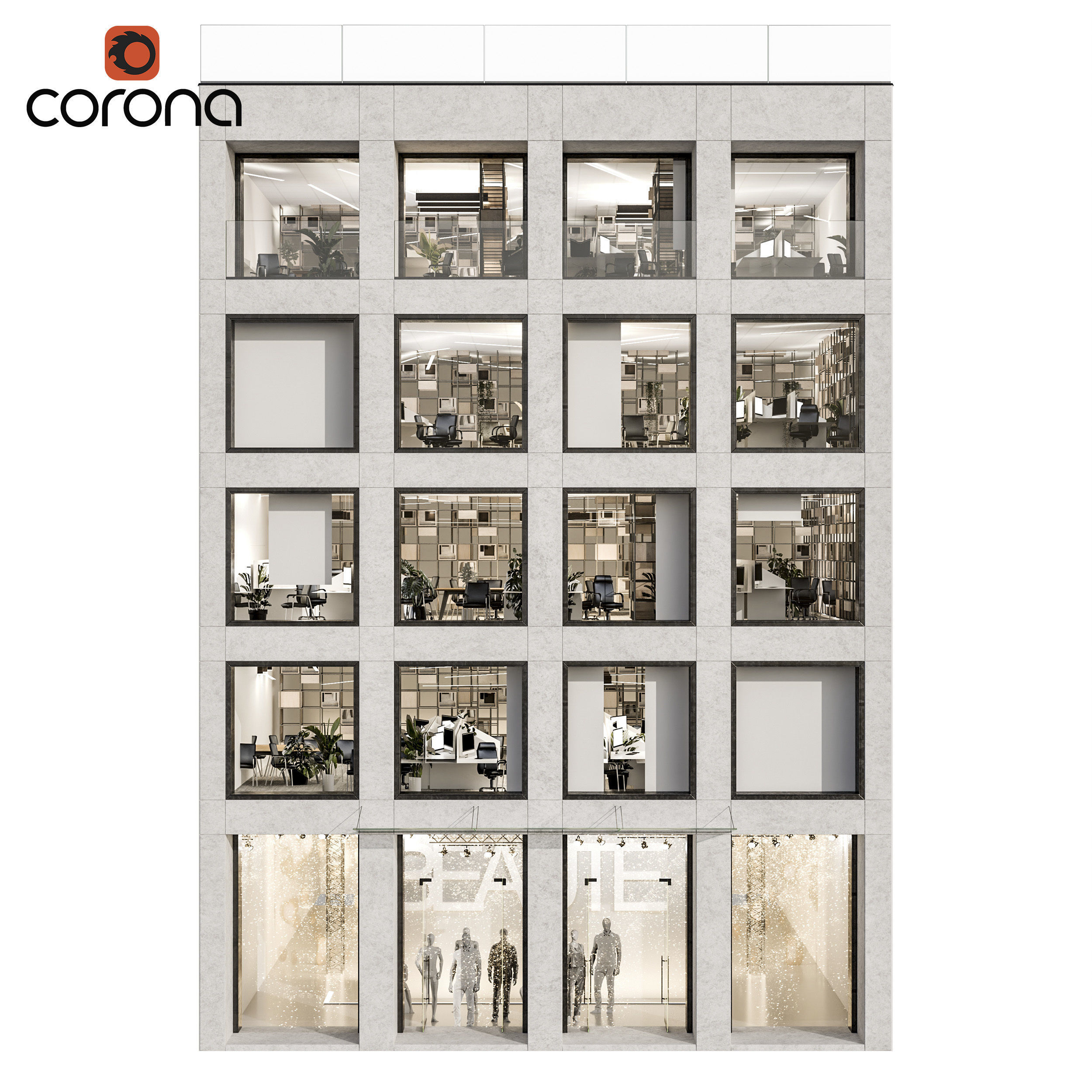 Modern office facade 01 at night with simple interiors 3D model_1