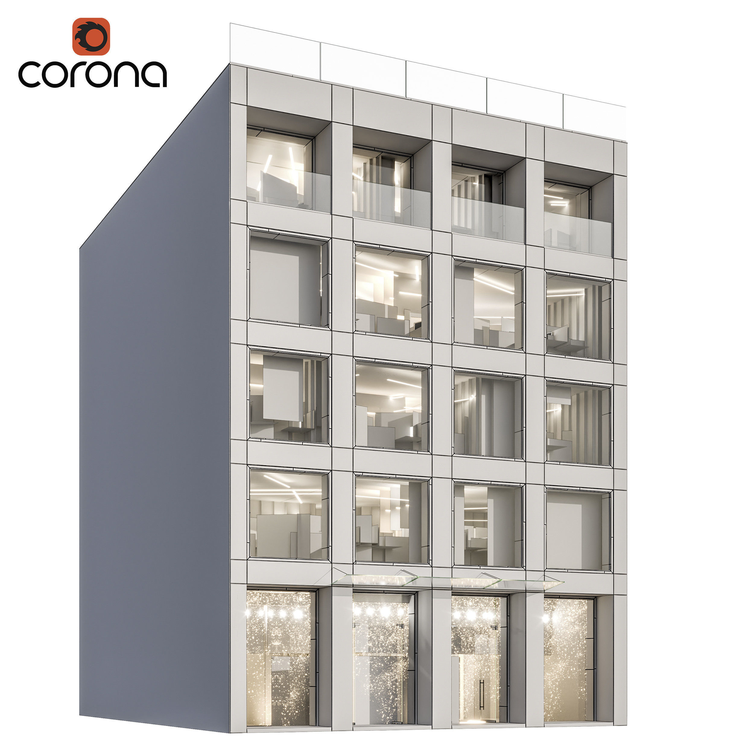 Modern office facade 01 at night with simple interiors 3D model_5