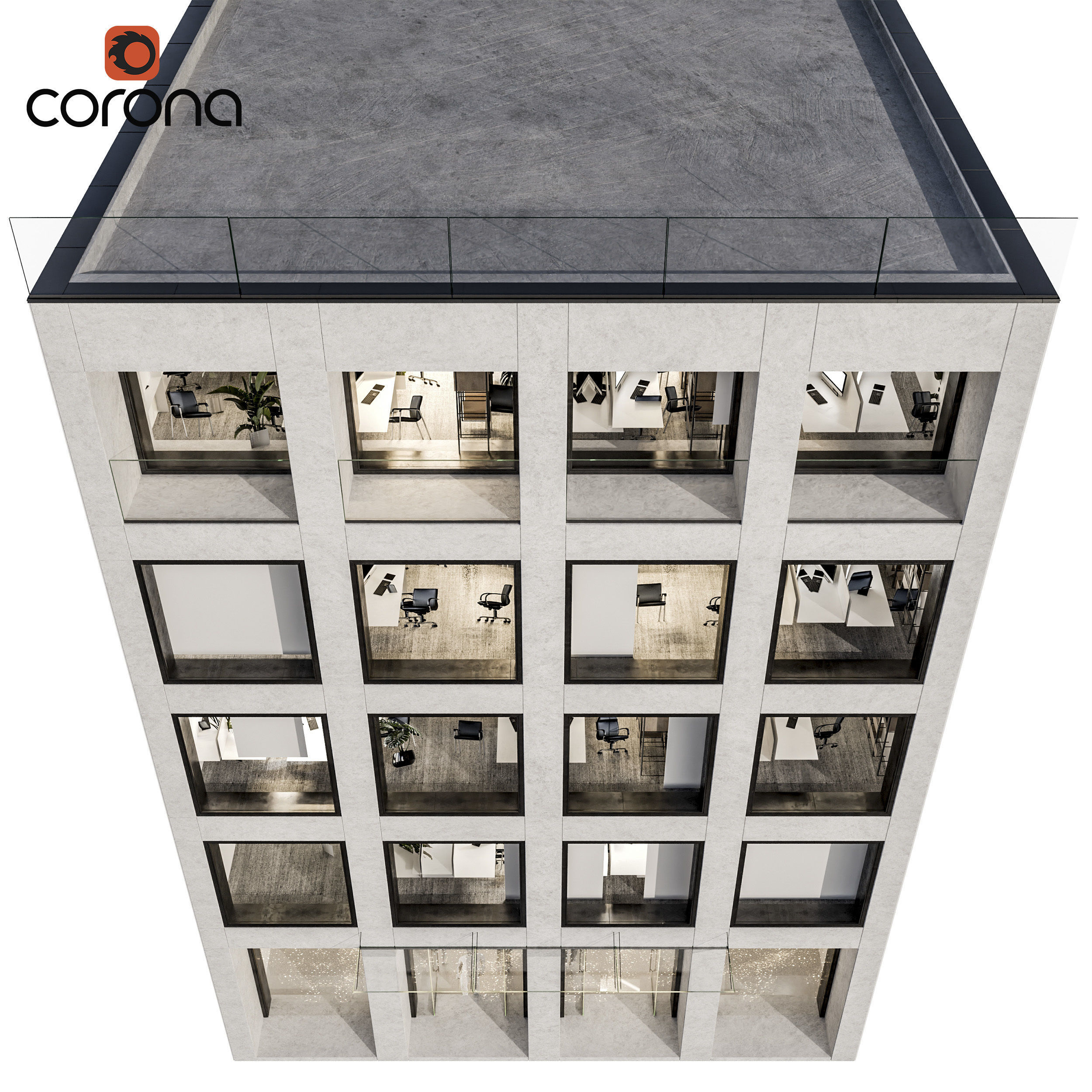 Modern office facade 01 at night with simple interiors 3D model_2