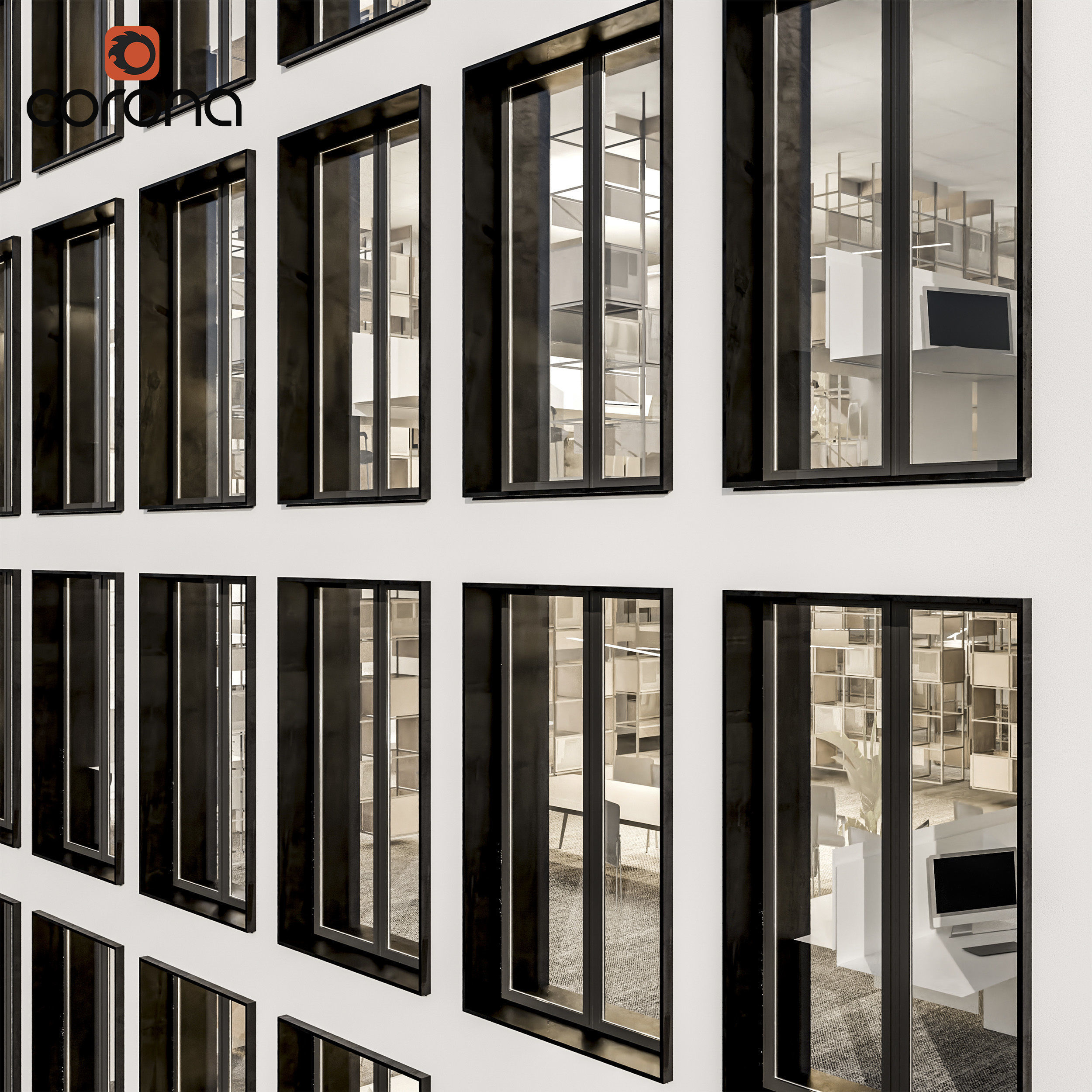 Modern office facade 02 at night with simple interiors 3D model_4