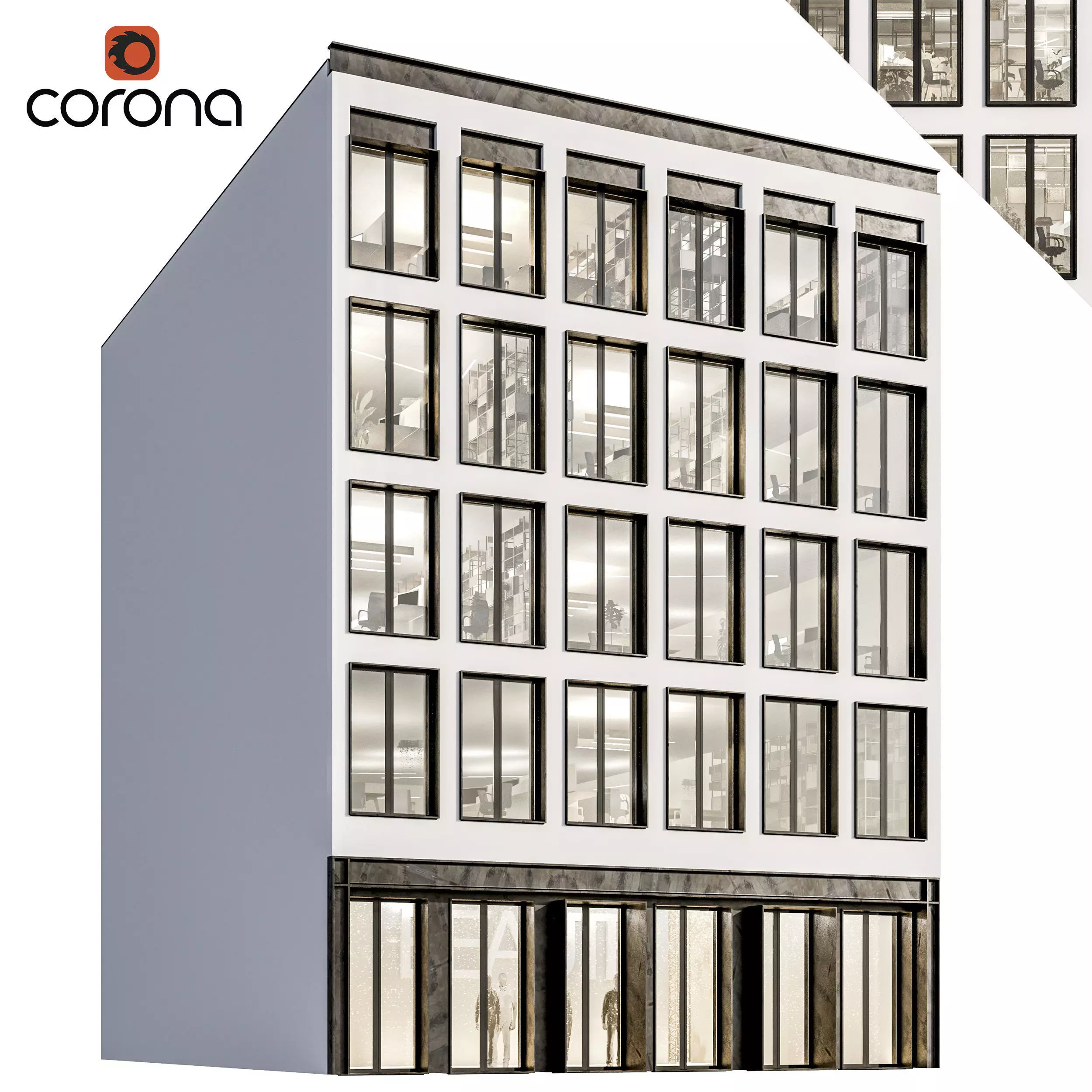 Modern office facade 02 at night with simple interiors 3D model_0