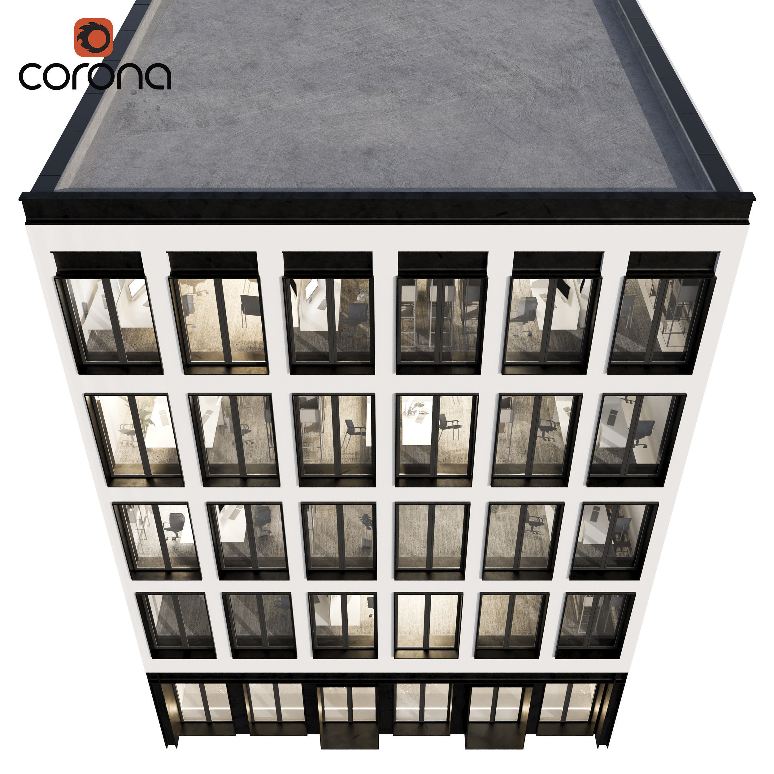 Modern office facade 02 at night with simple interiors 3D model_2
