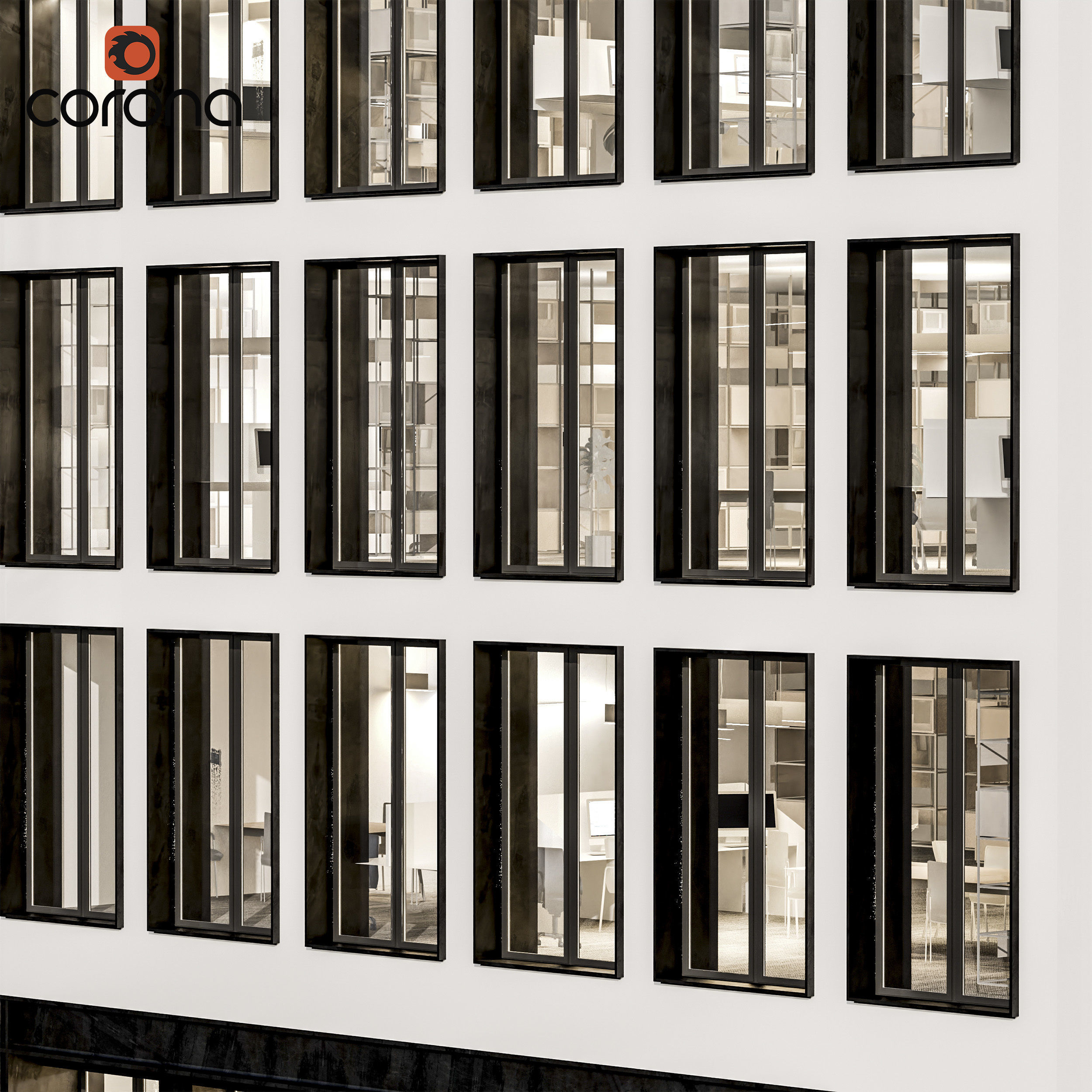 Modern office facade 02 at night with simple interiors 3D model_3