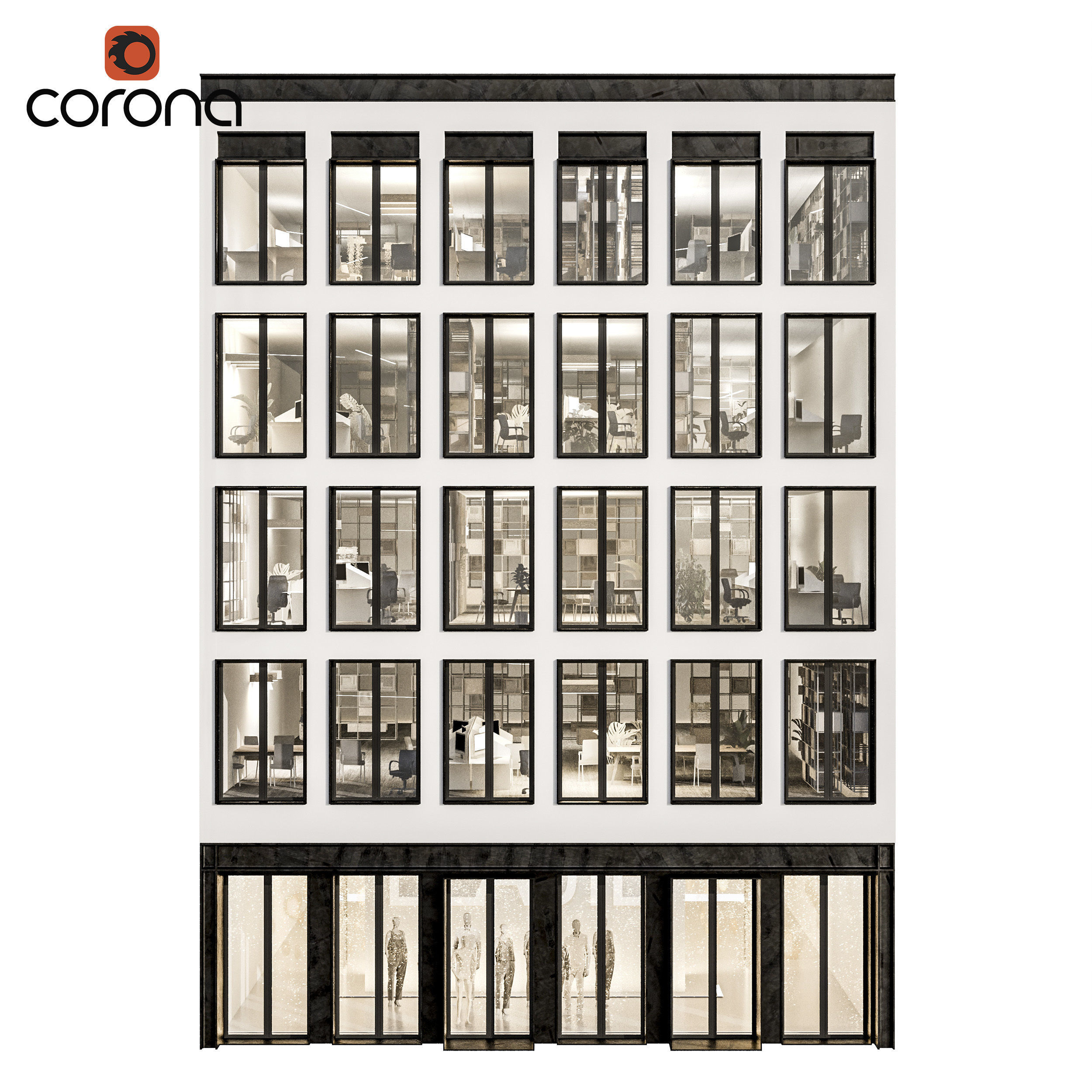 Modern office facade 02 at night with simple interiors 3D model_1