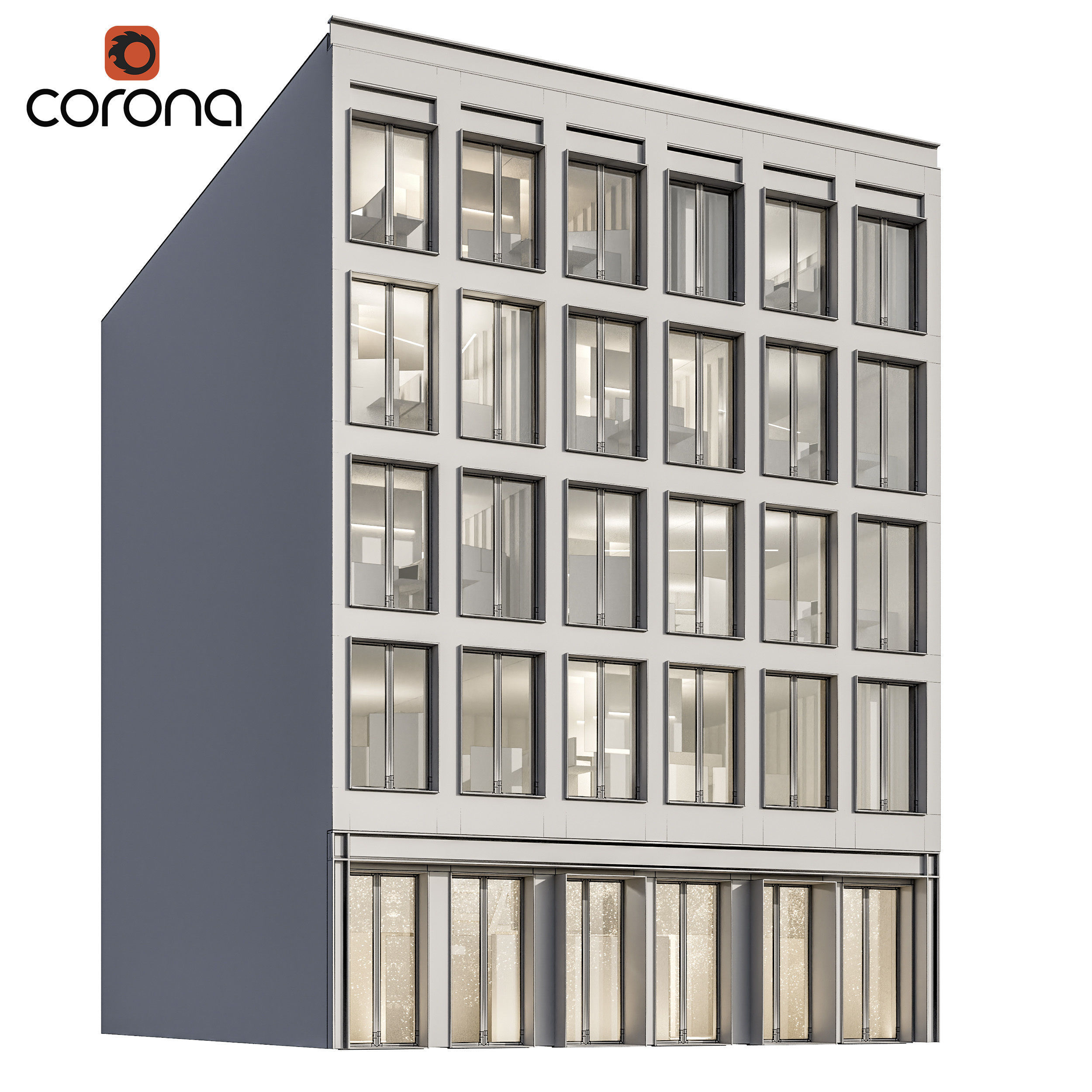 Modern office facade 02 at night with simple interiors 3D model_5