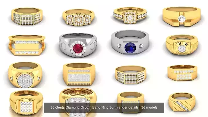 36 Gents Diamond Groom Band Ring 3dm render details 3D Model Collection