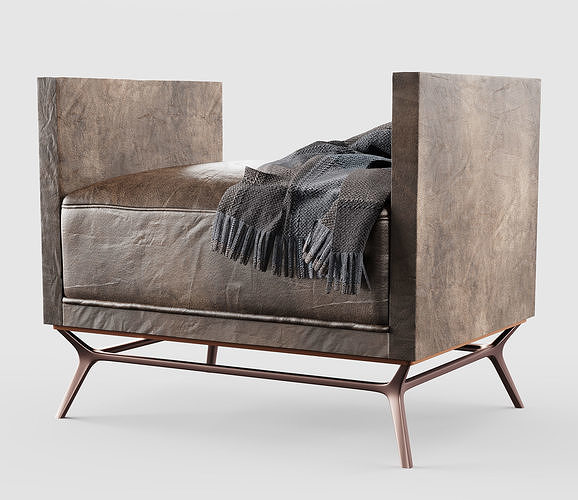 Strider Winged Bench with throw blanket and leather finish 3D model 7
