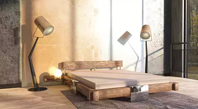 Solid Wood Frame Bed 3D Model - Dark Coloured Wood- Game Ready