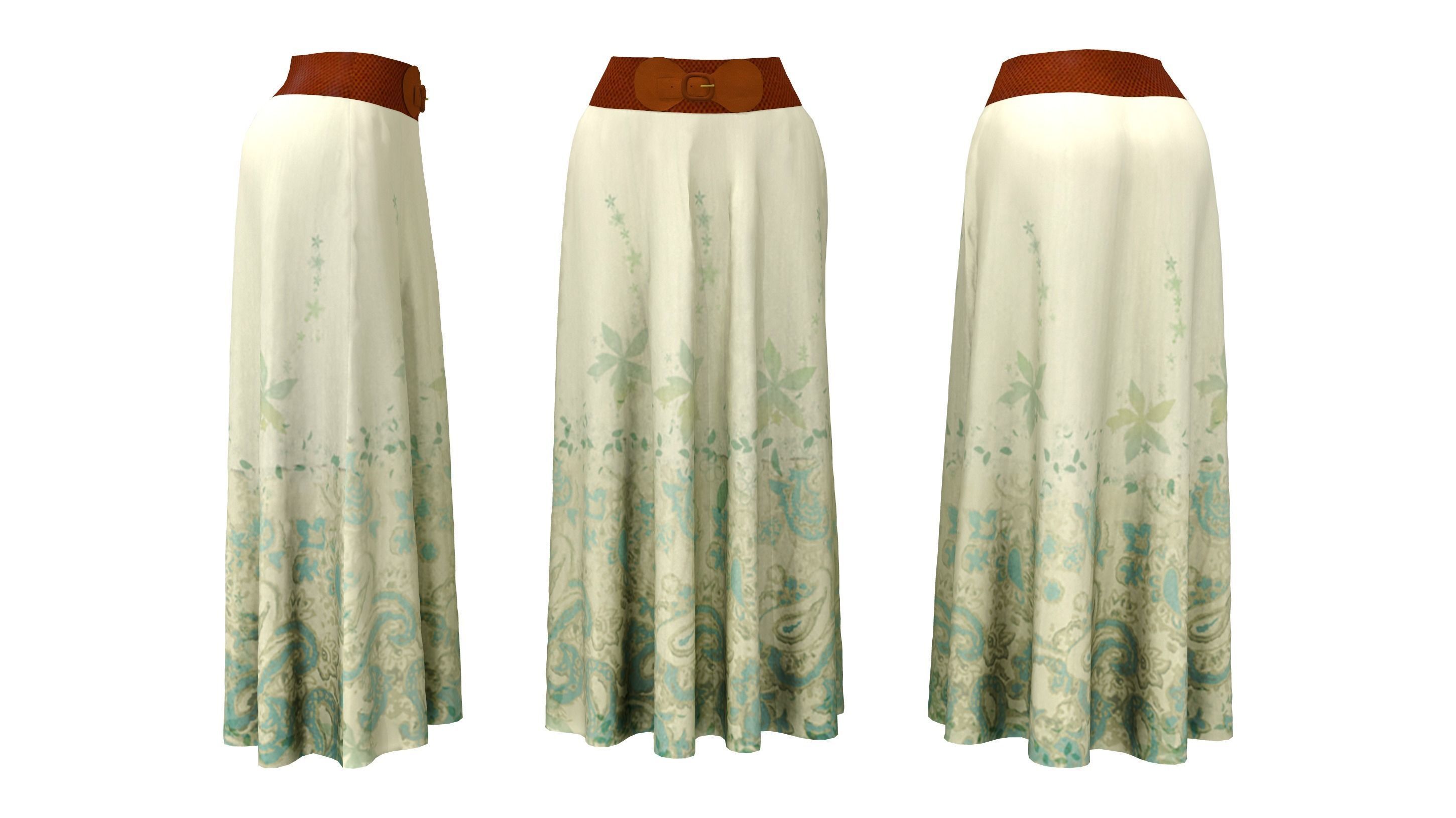 Boho Maxi Skirt with Belt Low-poly 3D model_2