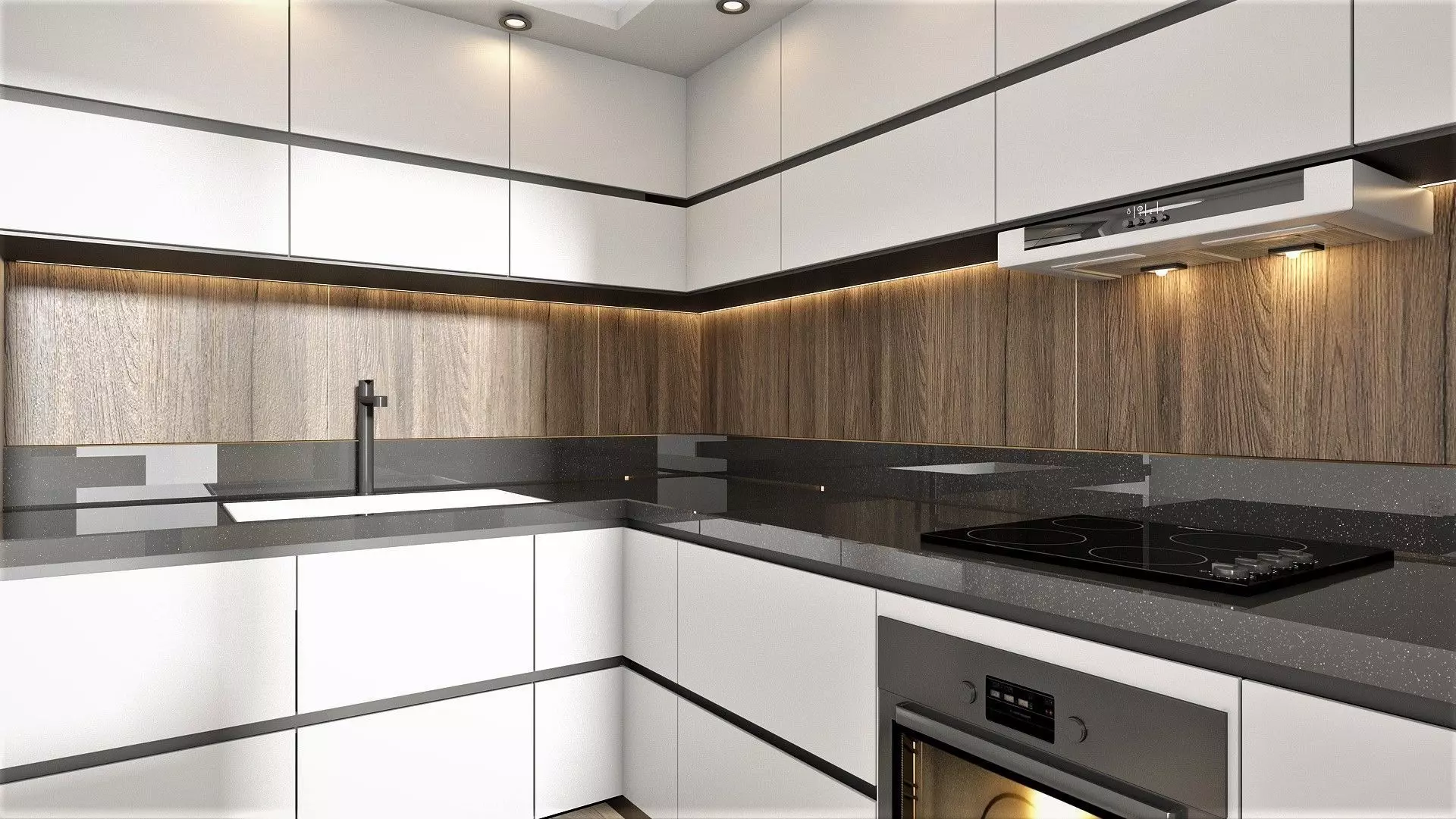 Kitchen modern with cabinets and wood accents Low-poly 3D model_0