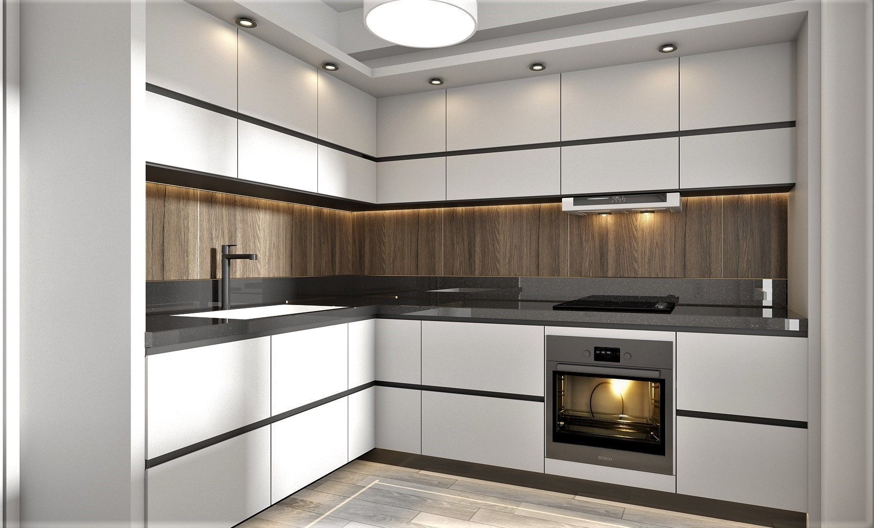 Kitchen modern with cabinets and wood accents Low-poly 3D model_1