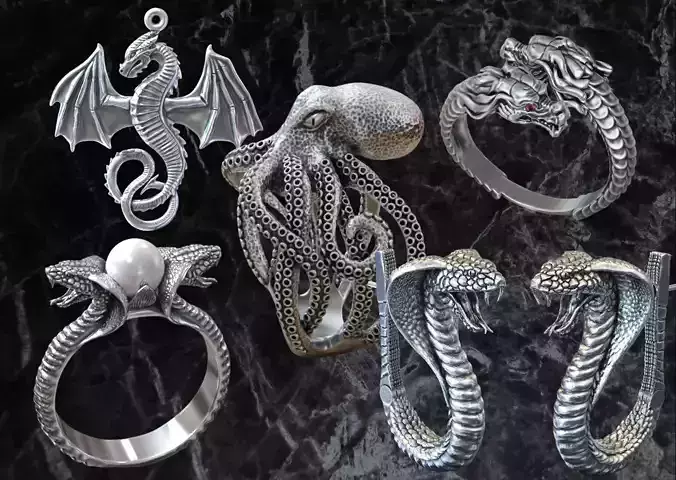 Dragons cobra snakes octopus rings earrings pendants women men  3D Model Collection