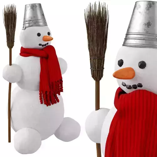 Snowman wearing scarf and holding broom