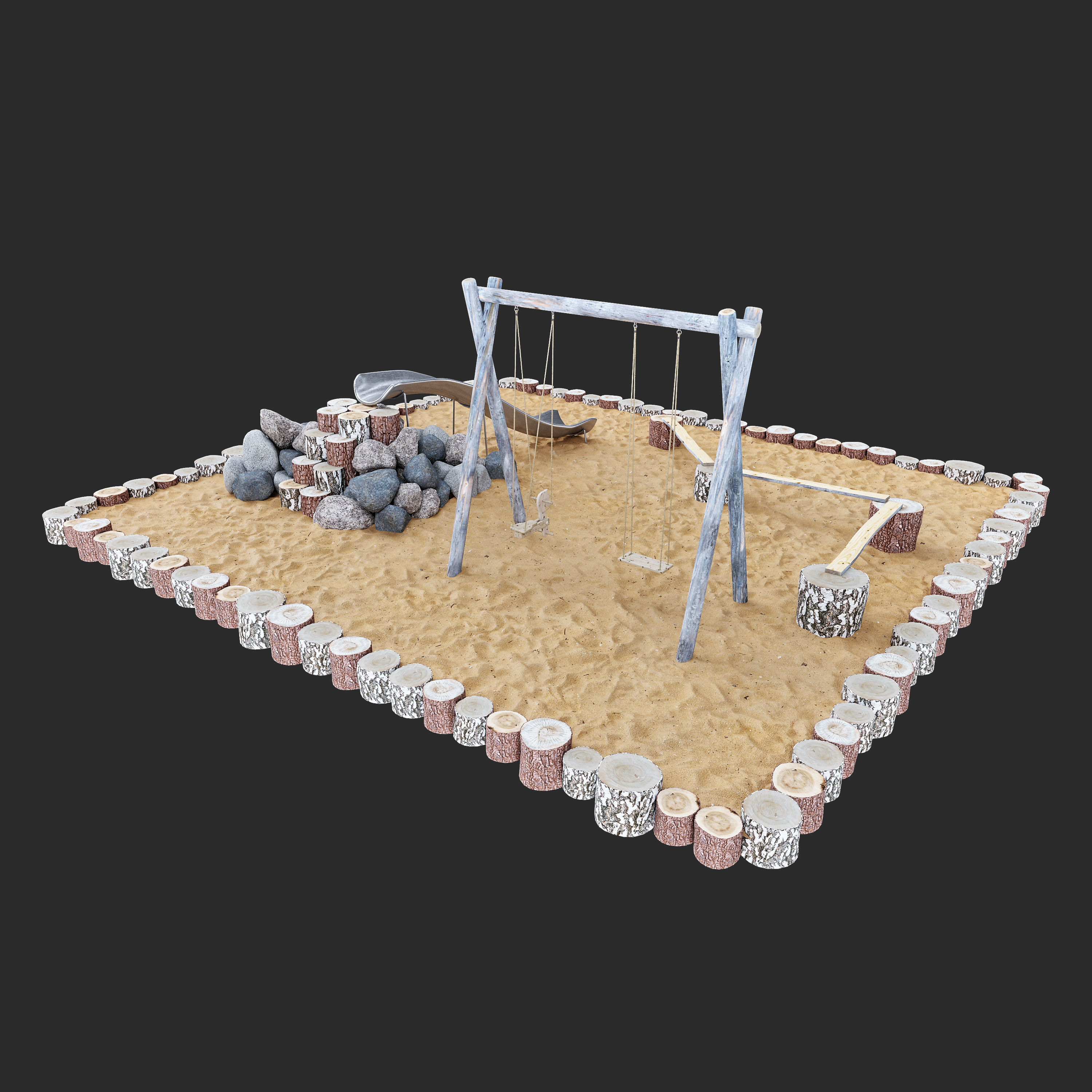 Playground 2 swing set in sand 3D model_1