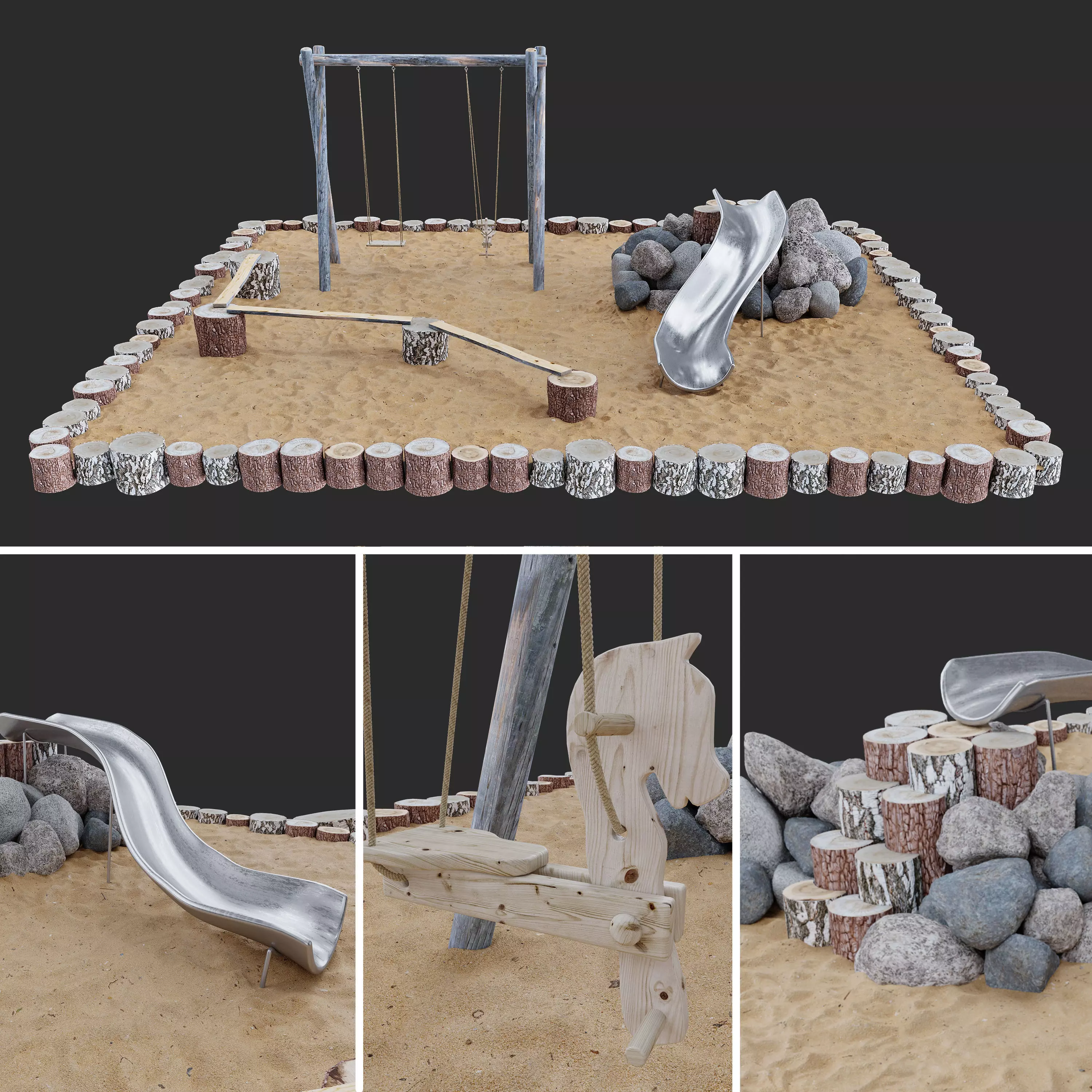 Playground 2 swing set in sand 3D model_0