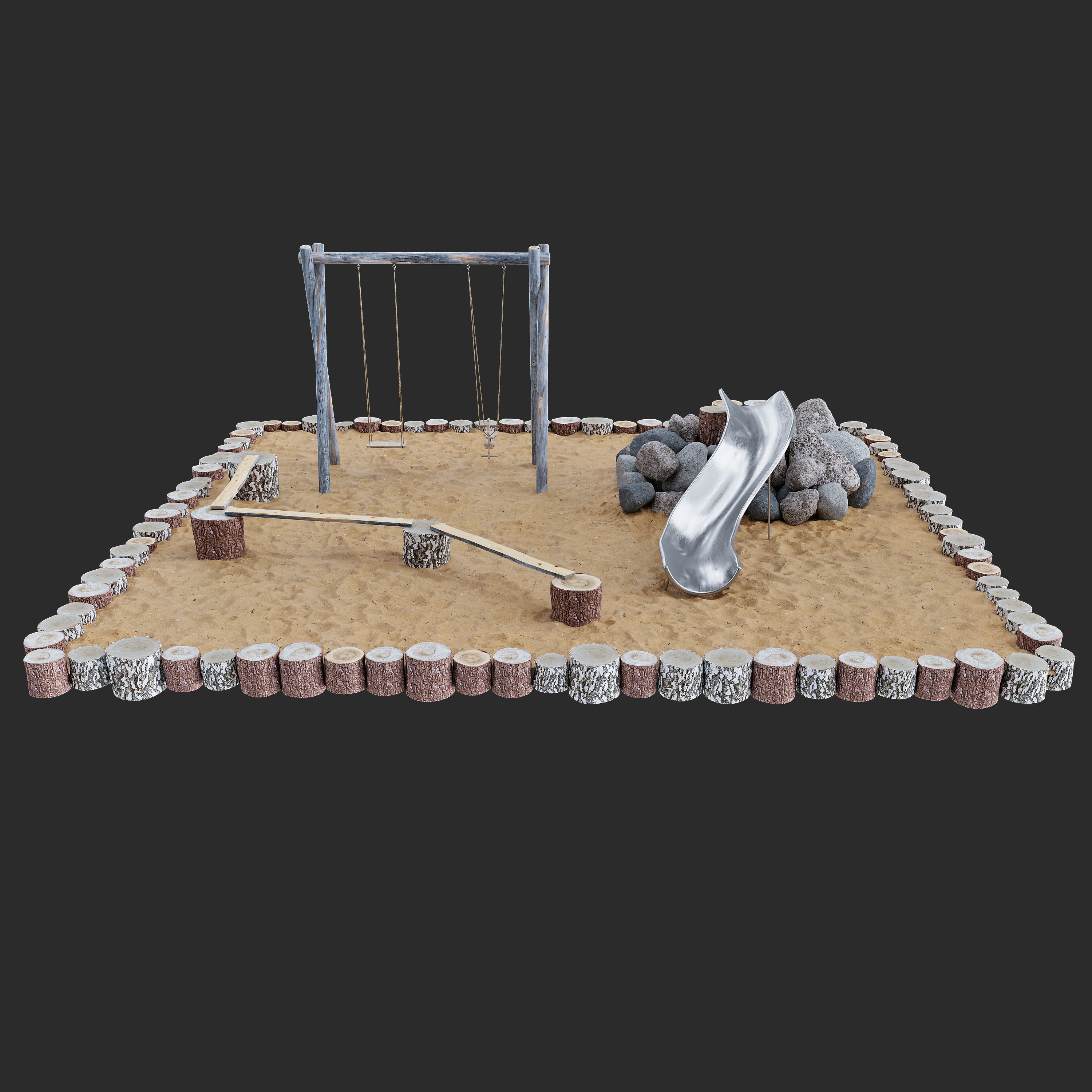 Playground 2 swing set in sand 3D model_4