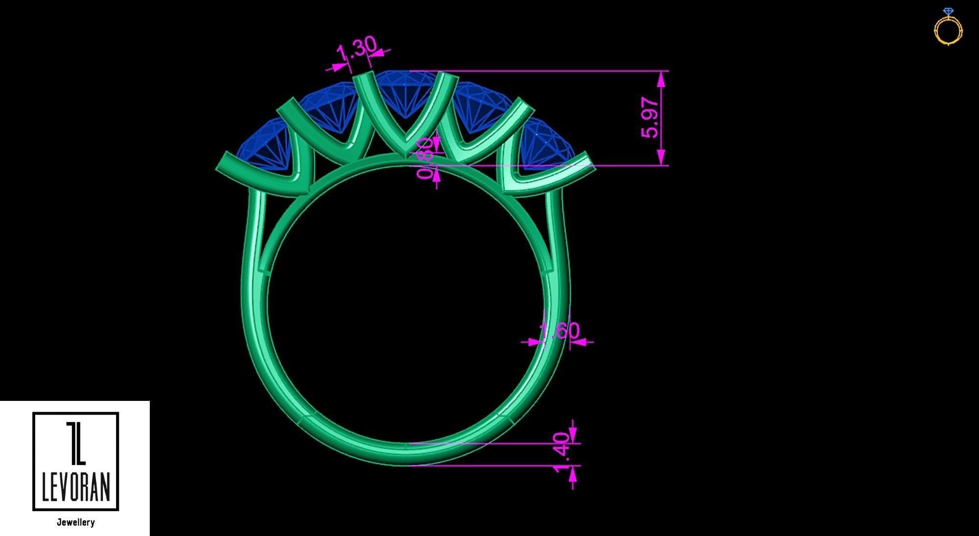 Five stone ring stl file 3D print model_4