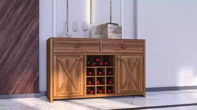 Wooden Cabinet with Wine Bottle Rack and Drawers - 3D Model 