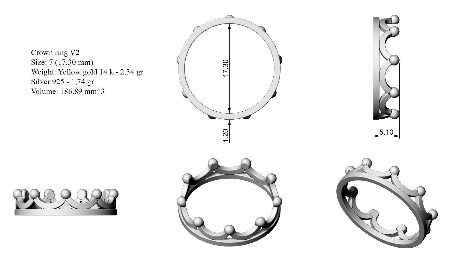 Crown ring V2 3D print model_6